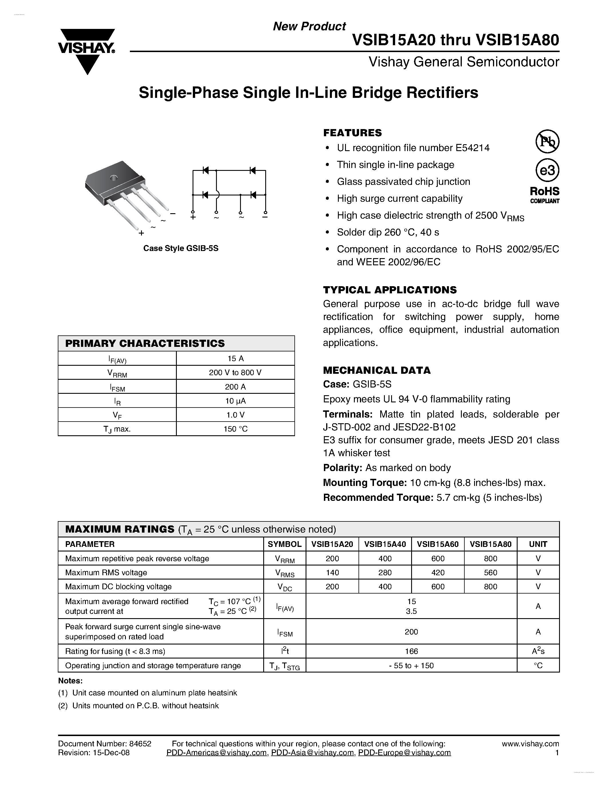 Datasheet VSIB15A20 - (VSIB15A20 - VSIB15A80) Single-Phase Single In-Line Bridge Rectifiers page 1