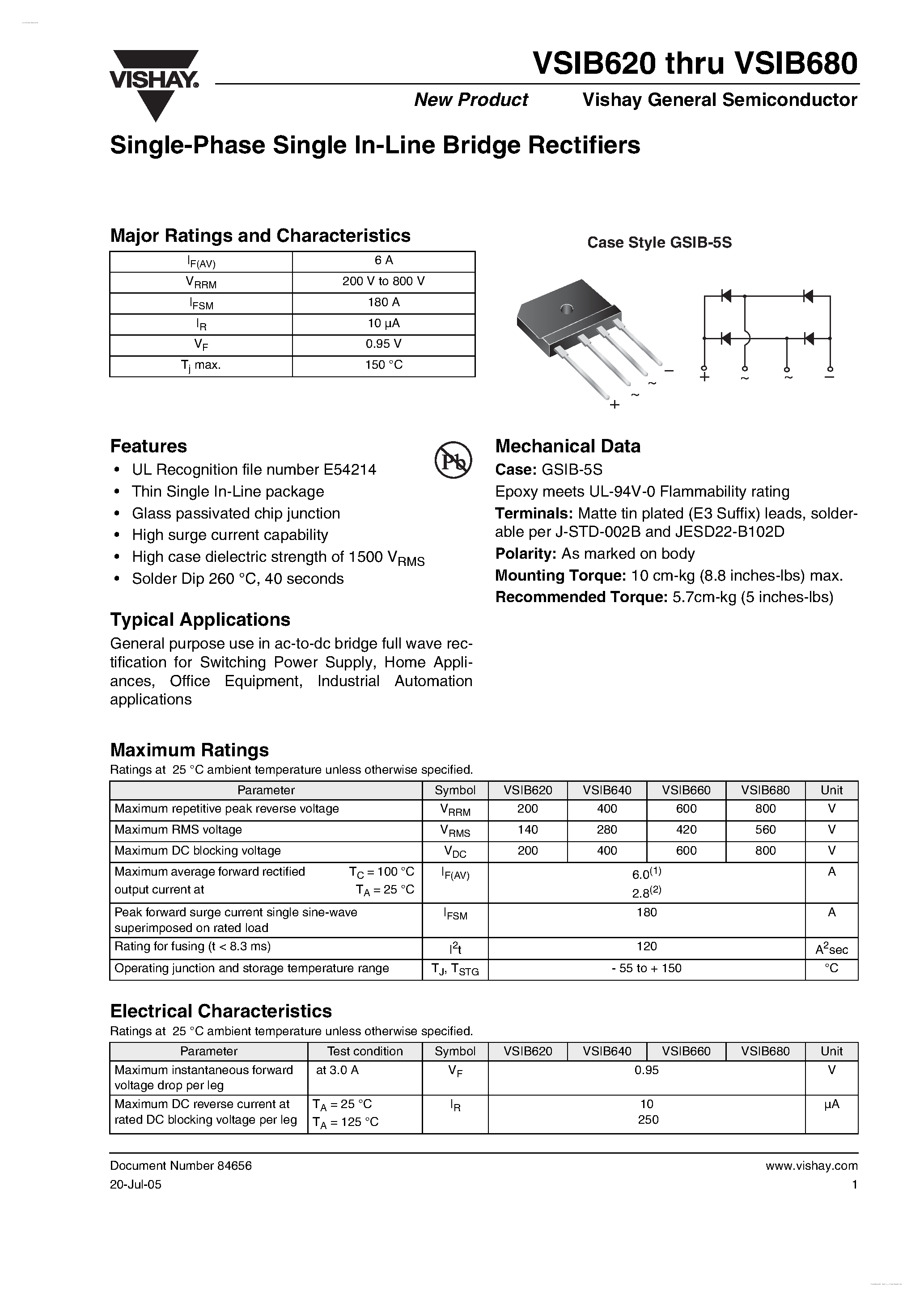 Datasheet VSIB620 - (VSIB620 - VSIB680) Single-Phase Single In-Line Bridge Rectifiers page 1