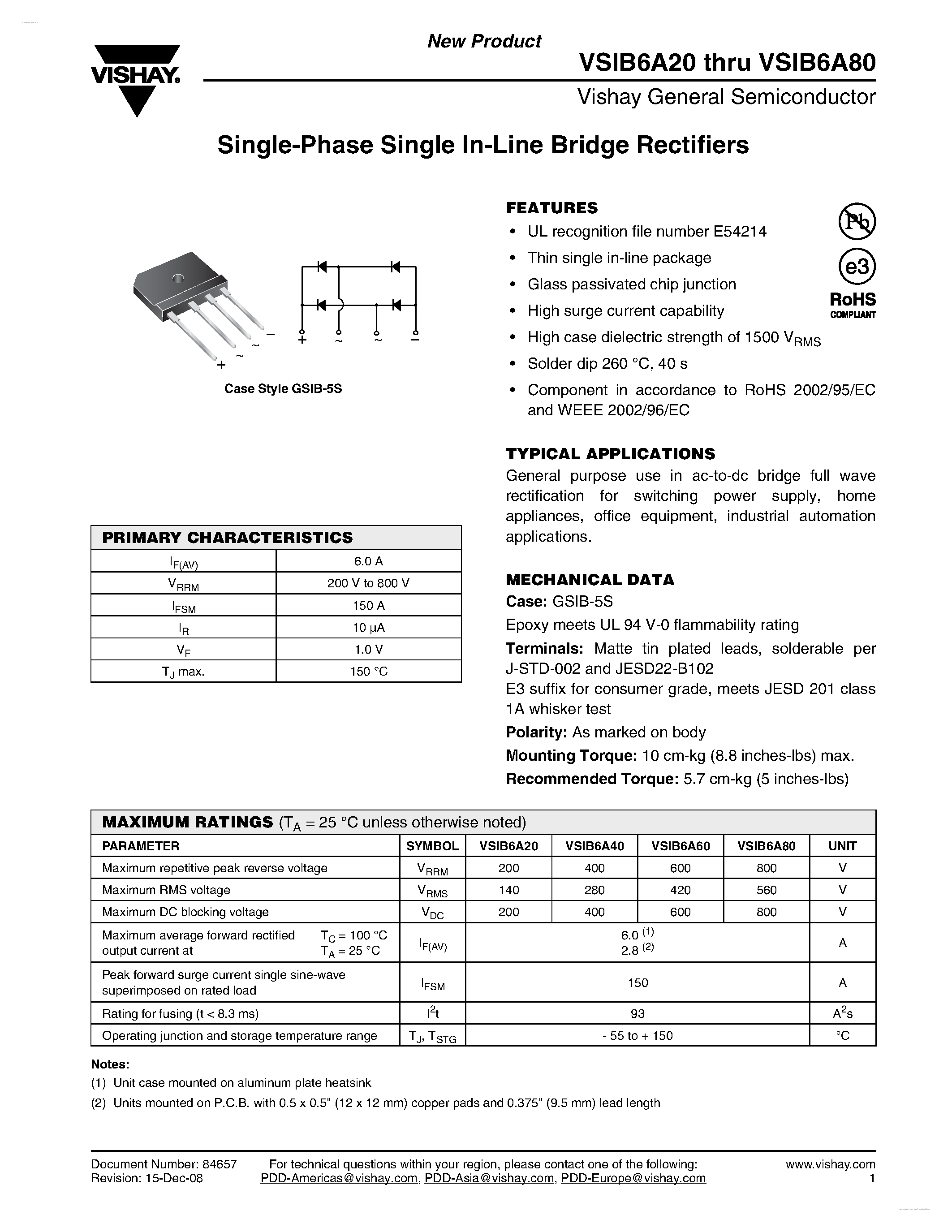 Datasheet VSIB6A20 - (VSIB6A20 - VSIB6A80) Single-Phase Single In-Line Bridge Rectifiers page 1