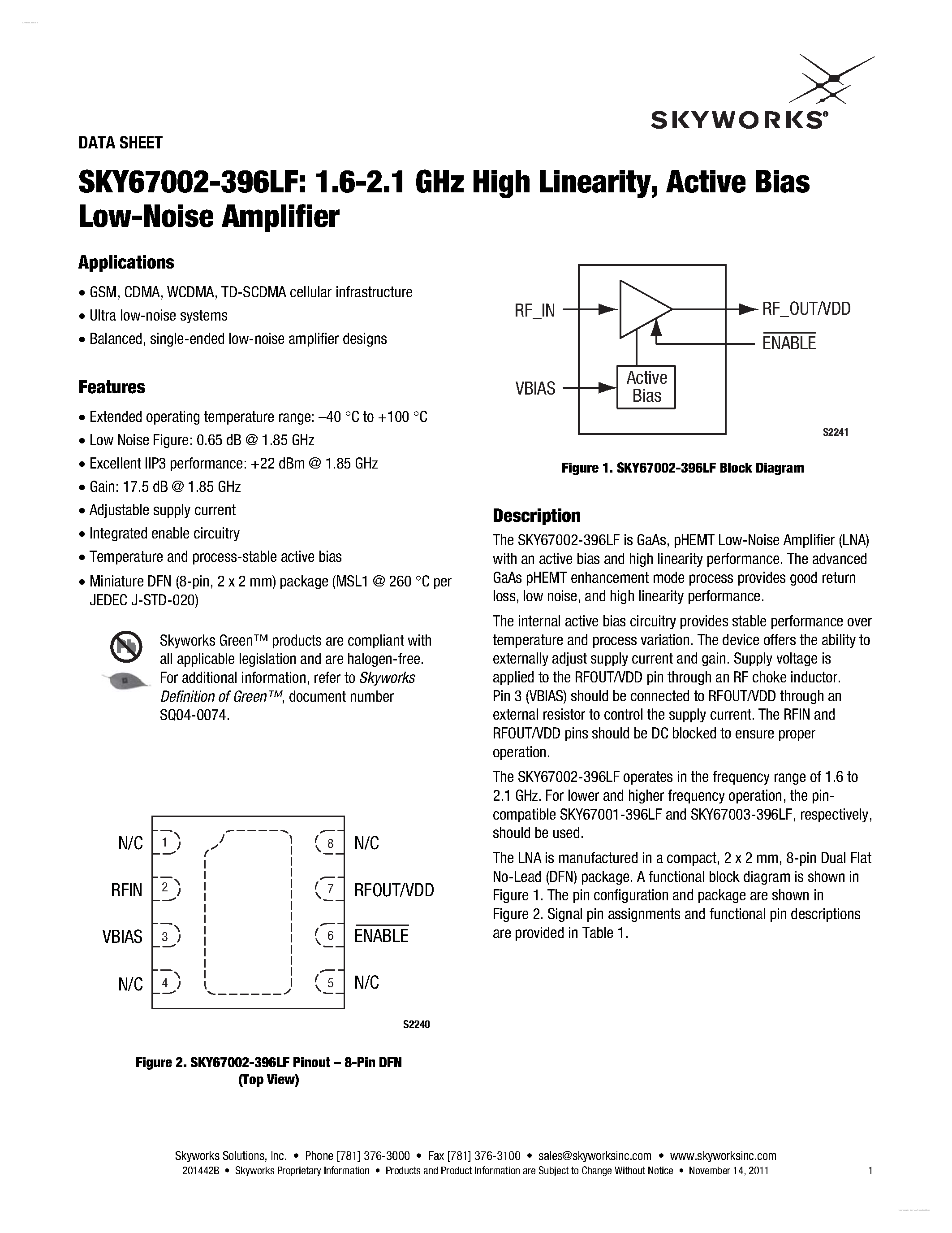 Даташит SKY67002-396LF - Active Bias Low-Noise Amplifier страница 1