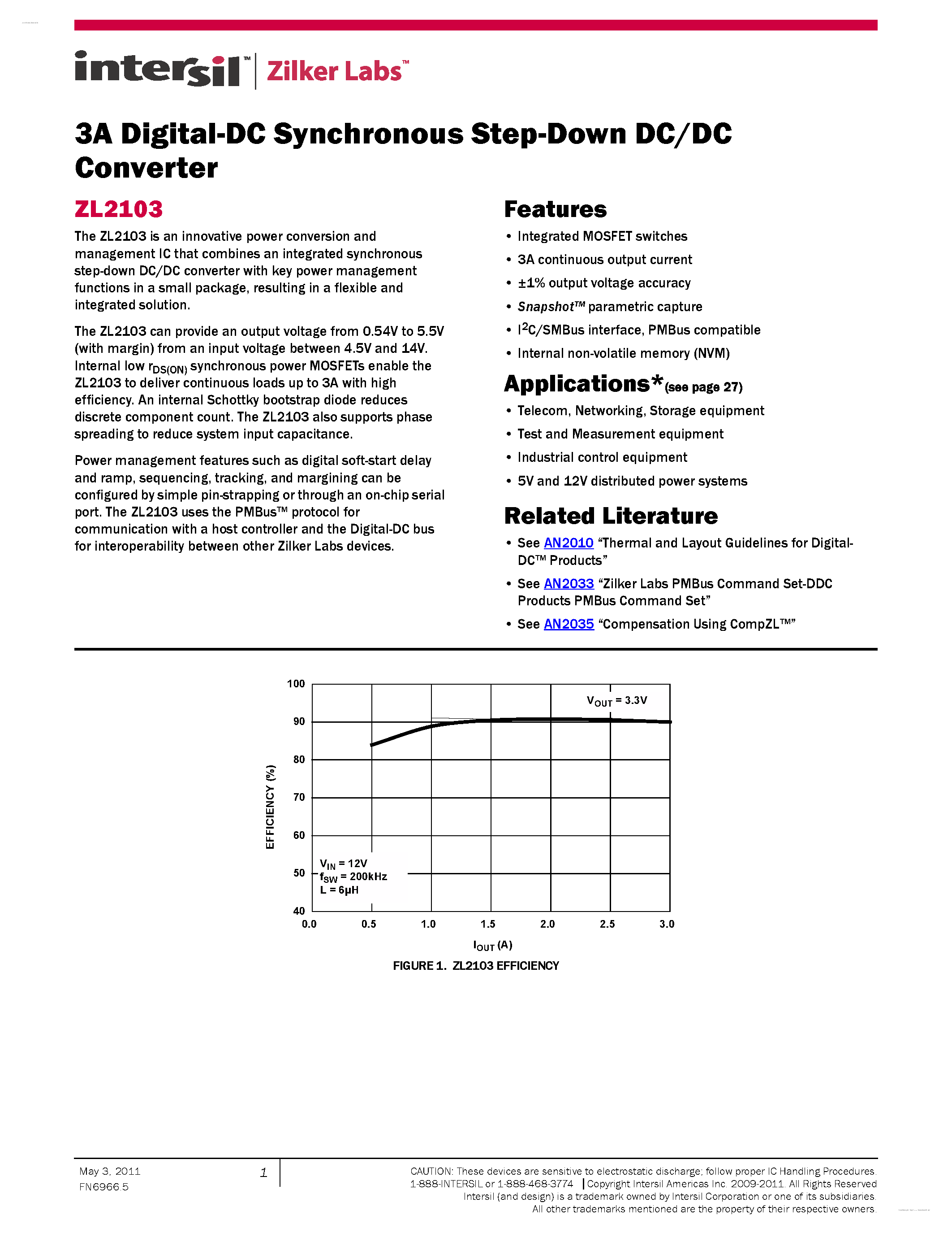 Datasheet ZL2103 - 3A Digital-DC Synchronous Step-Down DC/DC Converter page 1