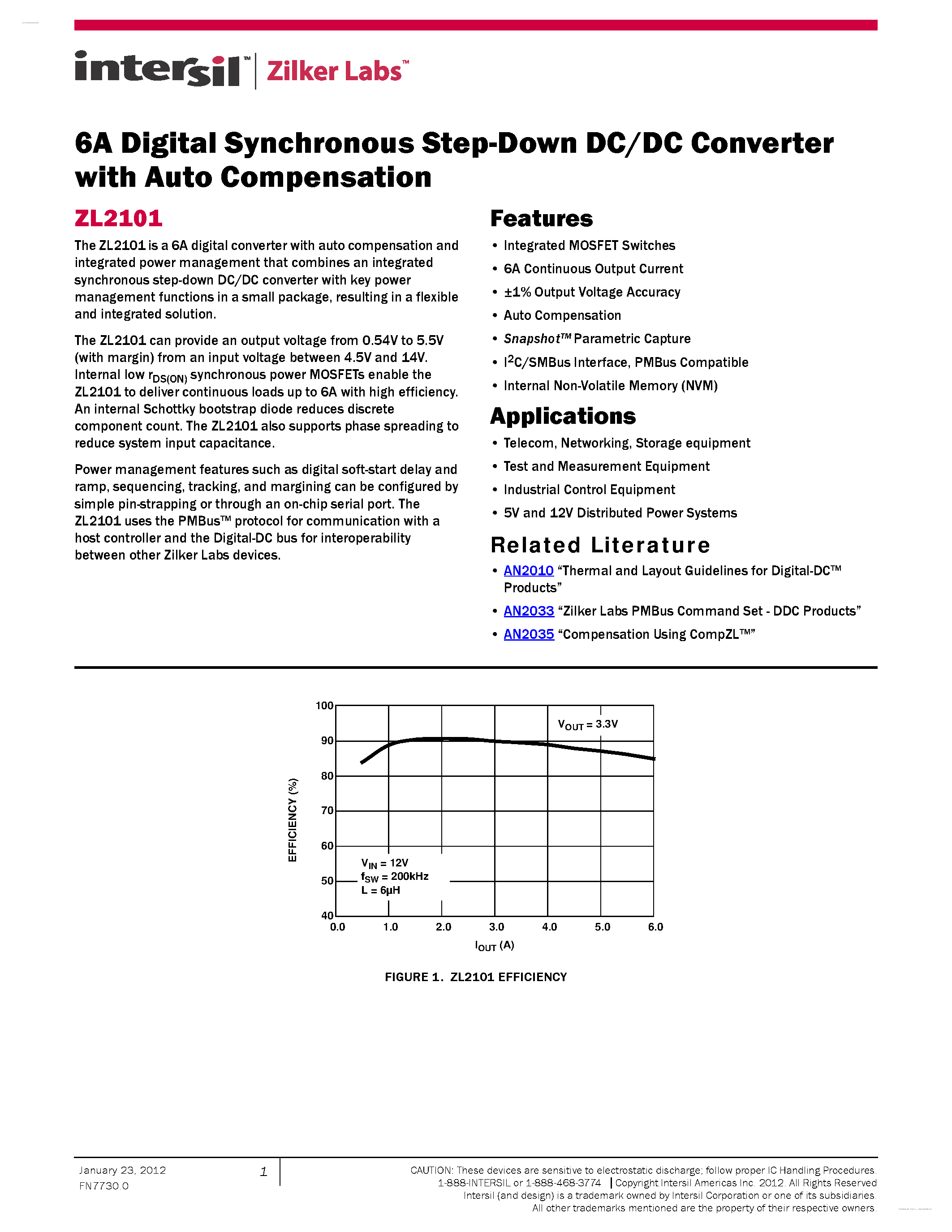 Datasheet ZL2101 - 6A Digital Synchronous Step-Down DC/DC Converter page 1