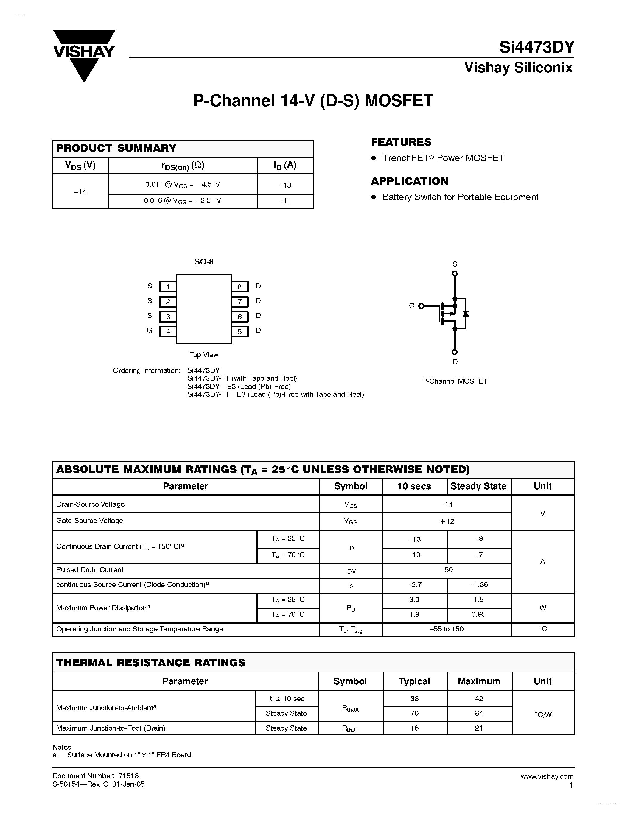 Даташит SI4473DY - P-Channel 14-V (D-S) MOSFET страница 1