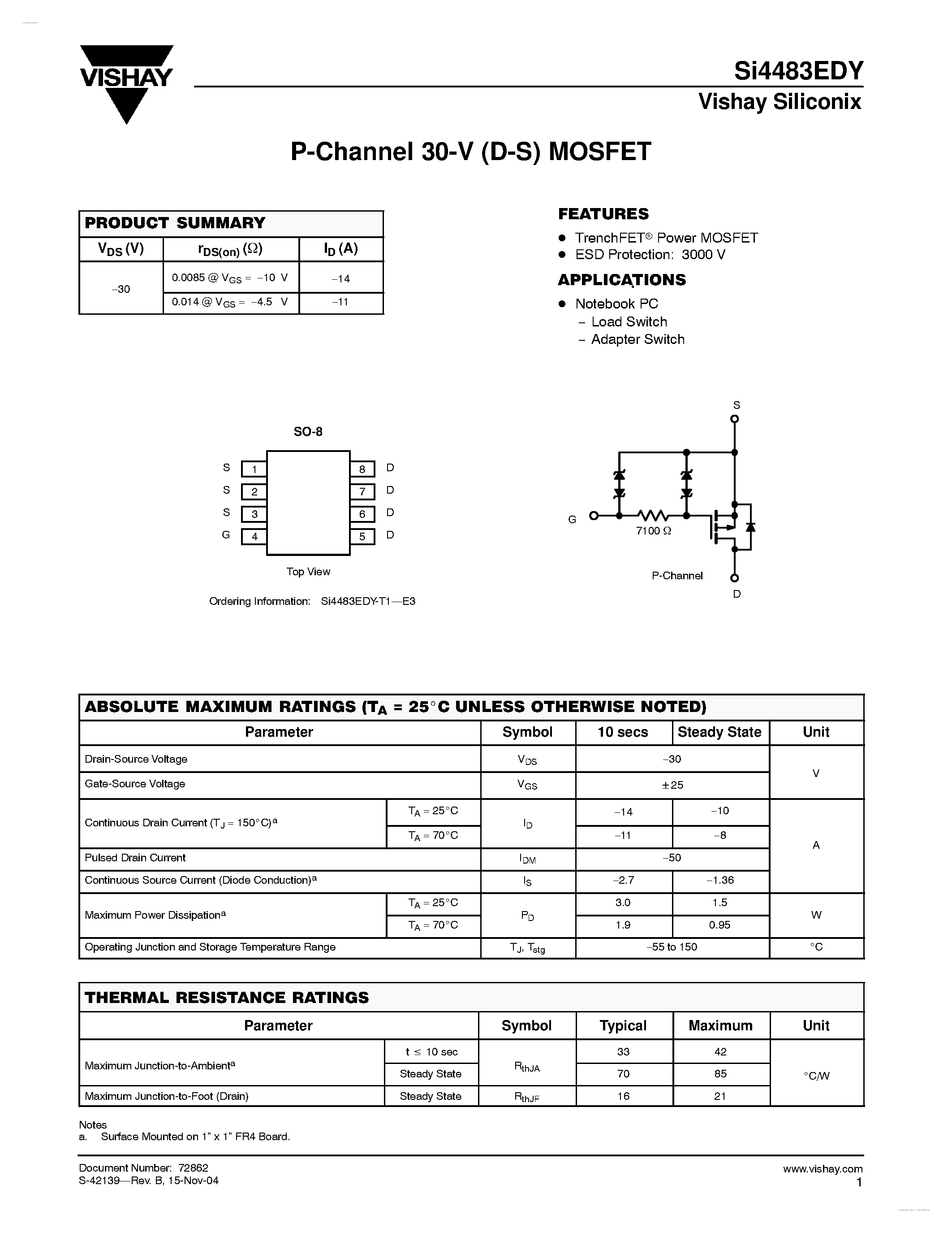 Даташит SI4483EDY - P-Channel 30-V (D-S) MOSFET страница 1