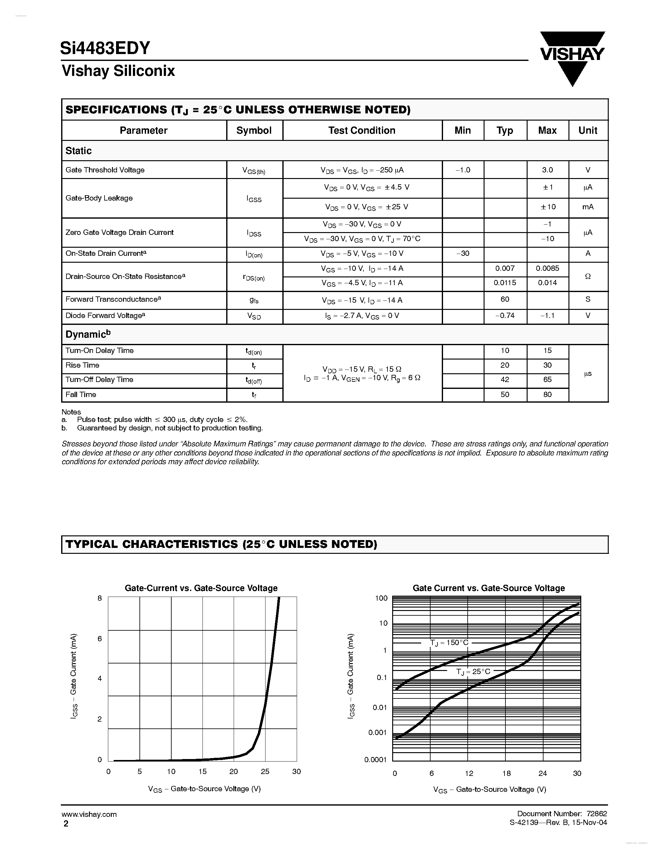 Даташит SI4483EDY - P-Channel 30-V (D-S) MOSFET страница 2