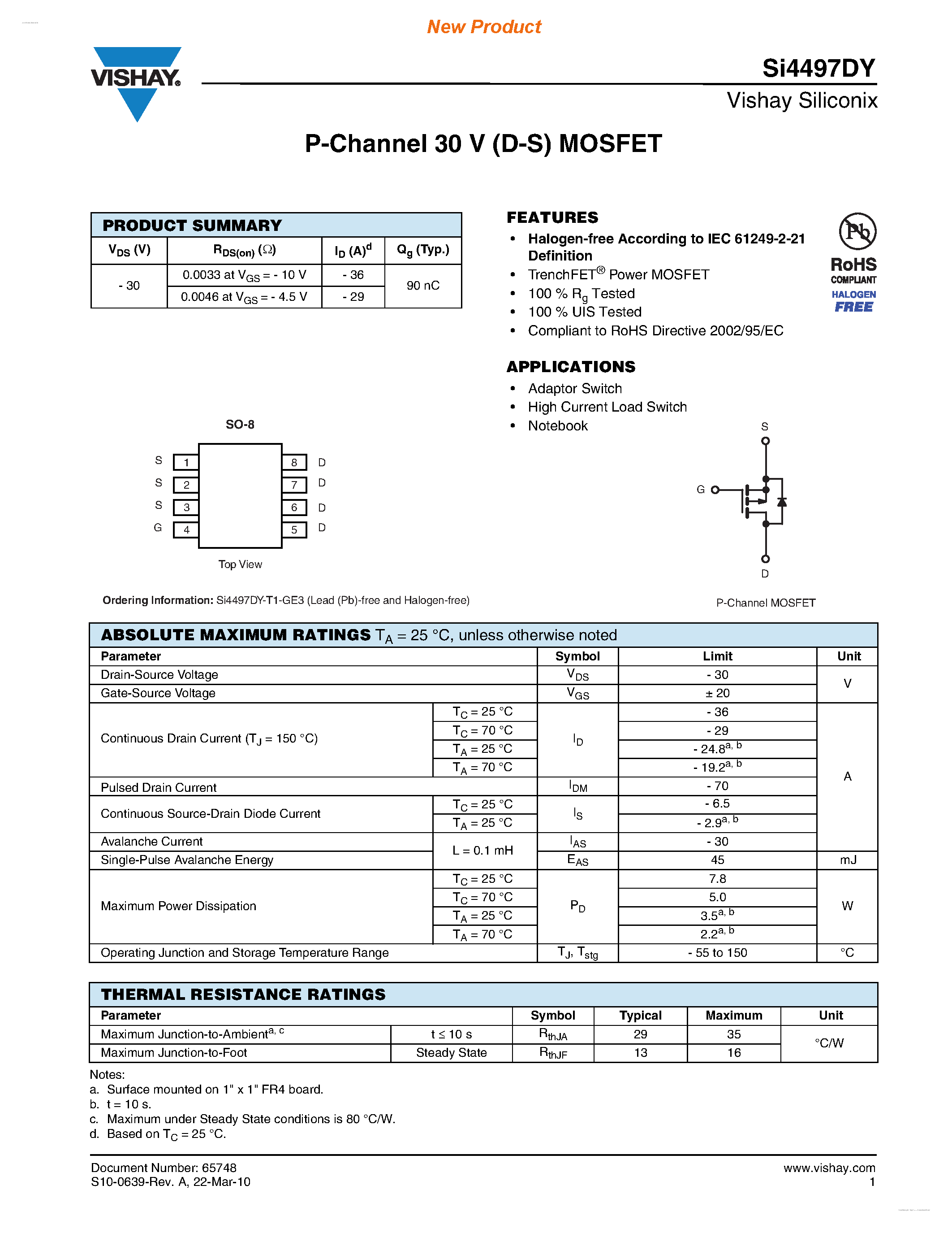 Даташит SI4497DY - P-Channel 30 V (D-S) MOSFET страница 1