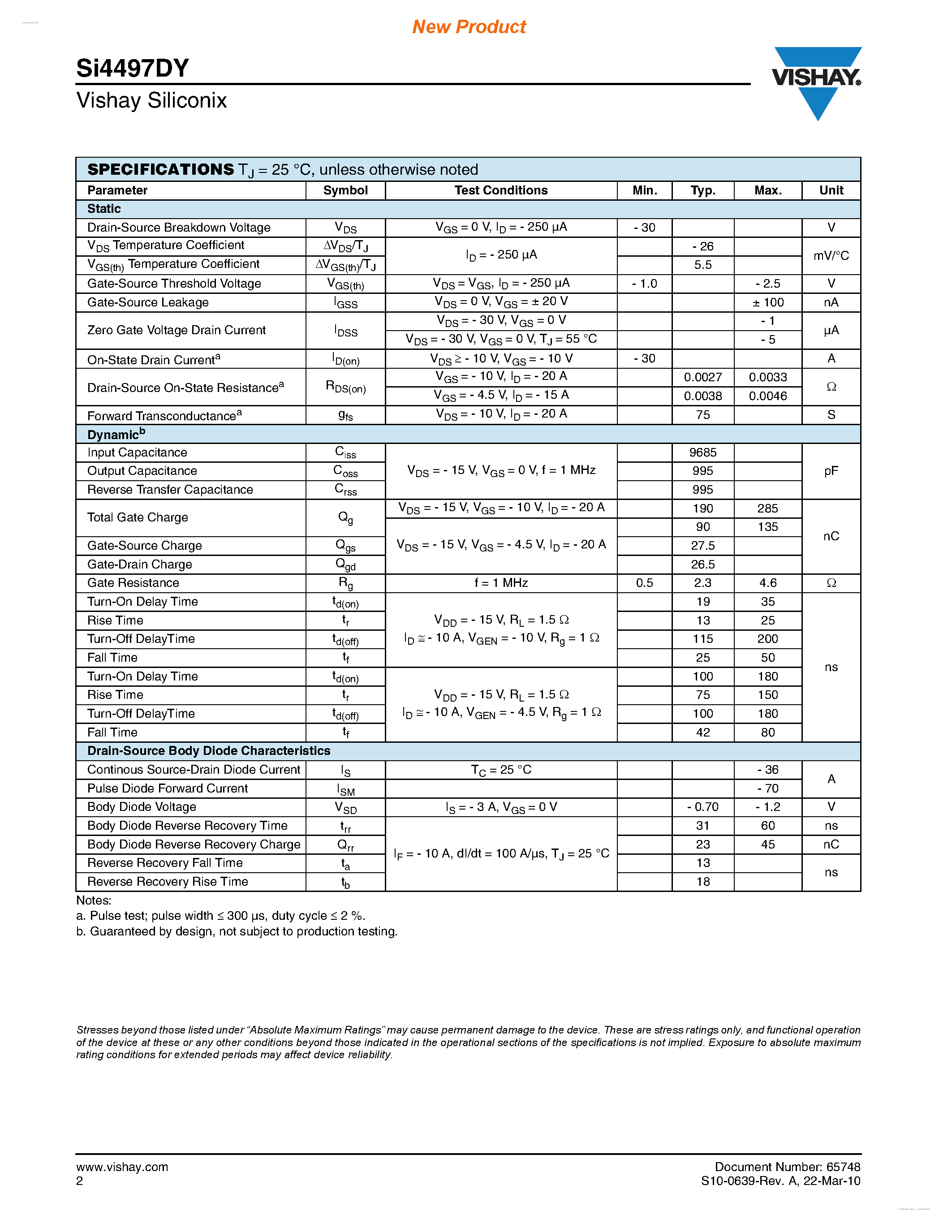 Даташит SI4497DY - P-Channel 30 V (D-S) MOSFET страница 2