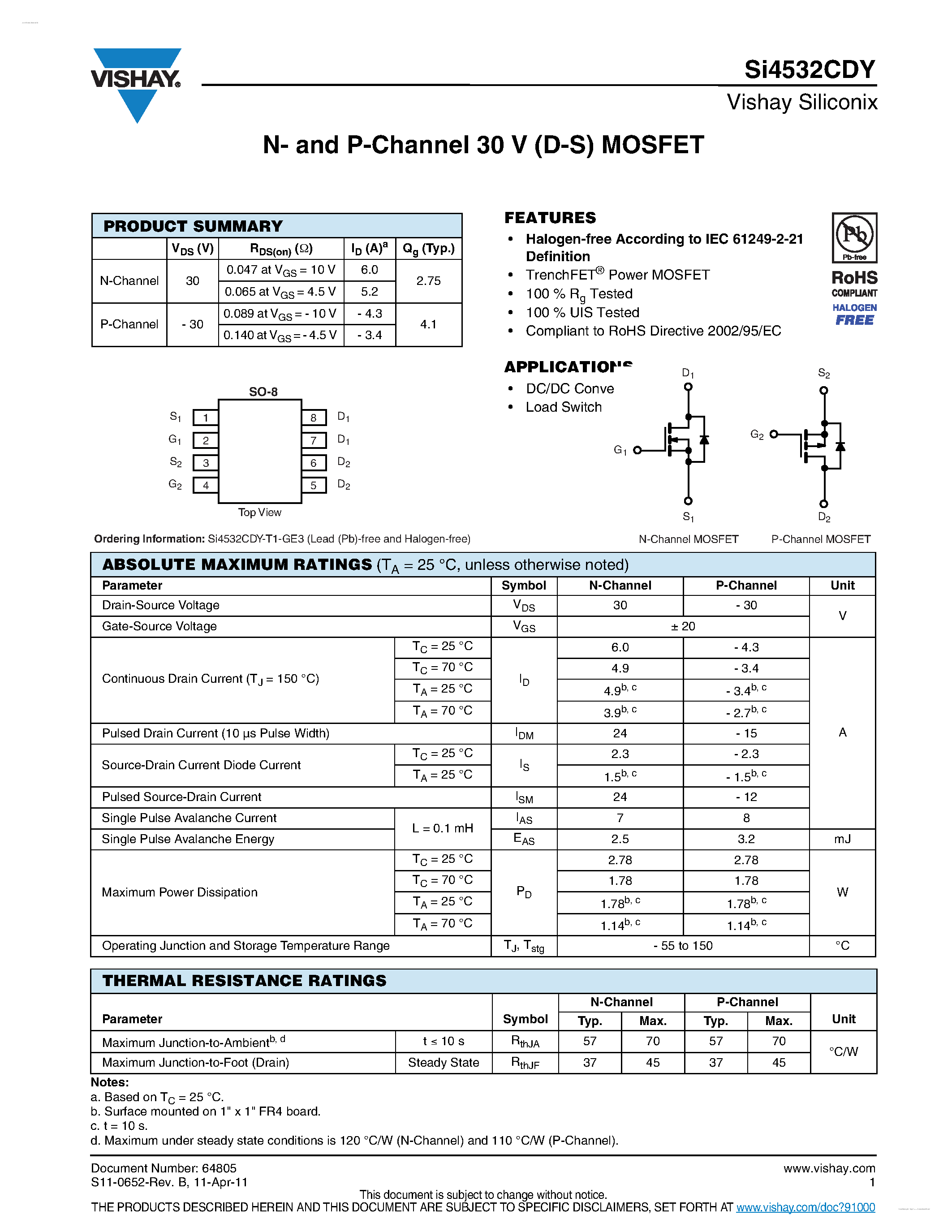 Даташит SI4532CDY - N- and P-Channel 30 V (D-S) MOSFET страница 1