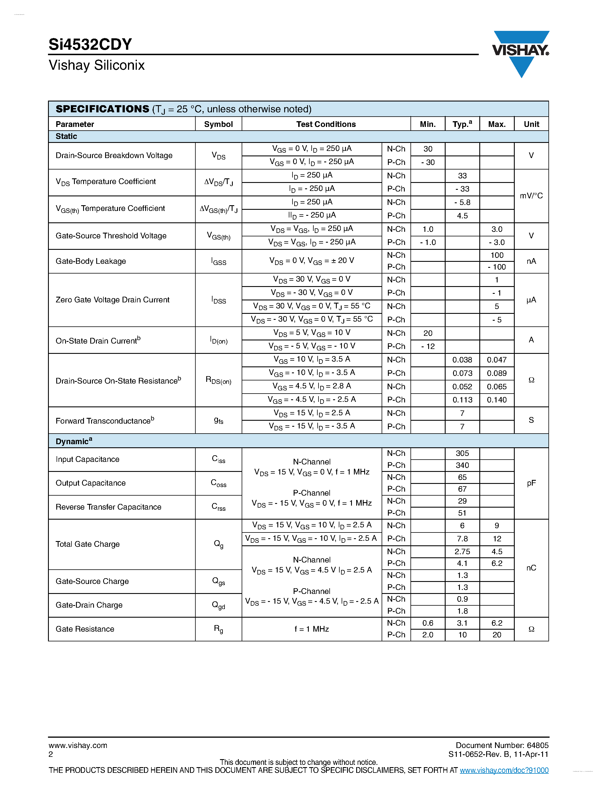 Даташит SI4532CDY - N- and P-Channel 30 V (D-S) MOSFET страница 2