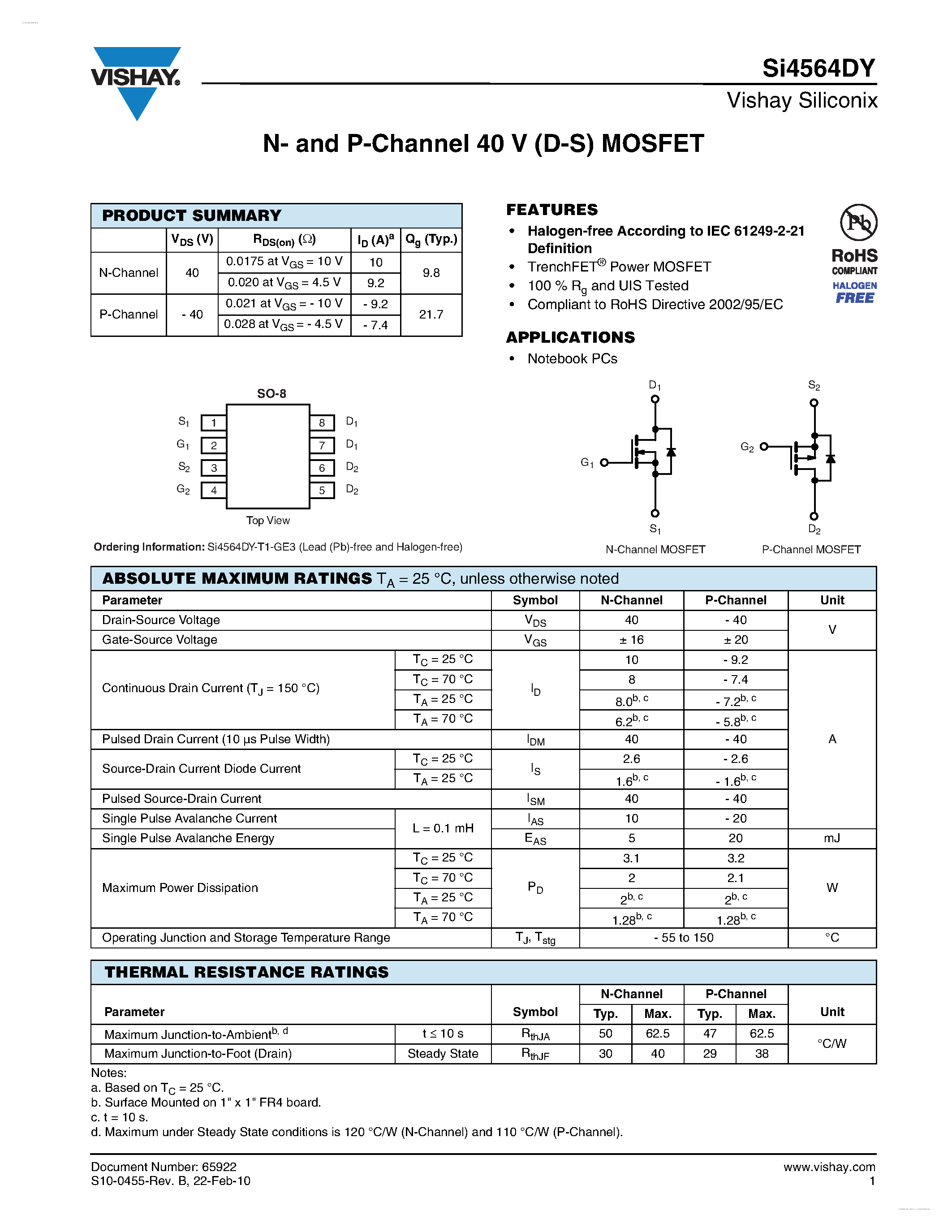 Даташит SI4564DY - N- and P-Channel 40 V (D-S) MOSFET страница 1