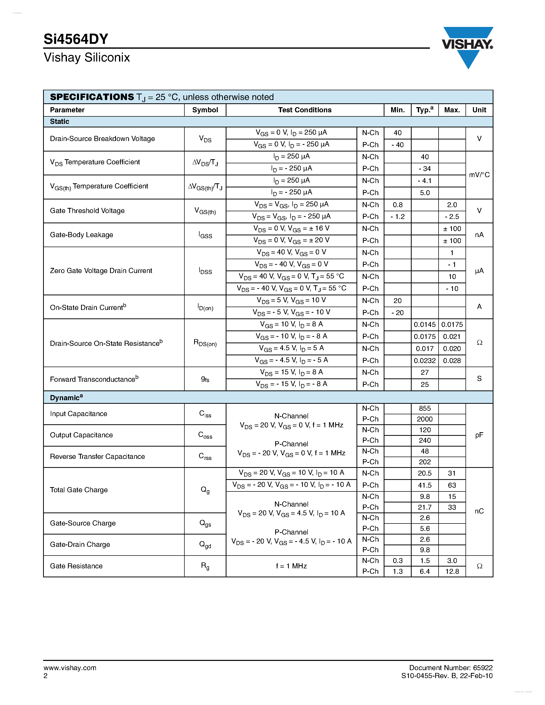 Даташит SI4564DY - N- and P-Channel 40 V (D-S) MOSFET страница 2