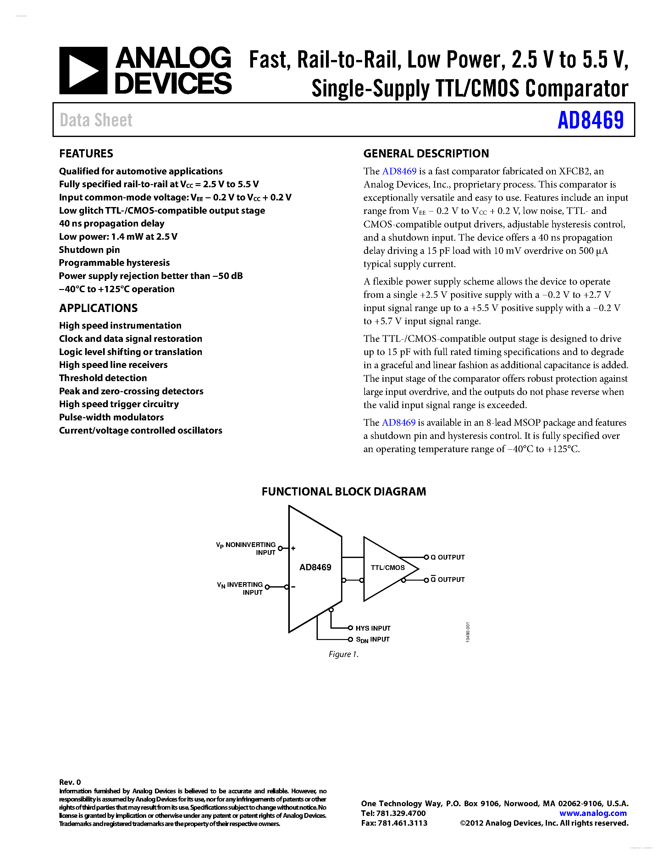 Даташит AD8469 - Single-Supply TTL/CMOS Comparator страница 1