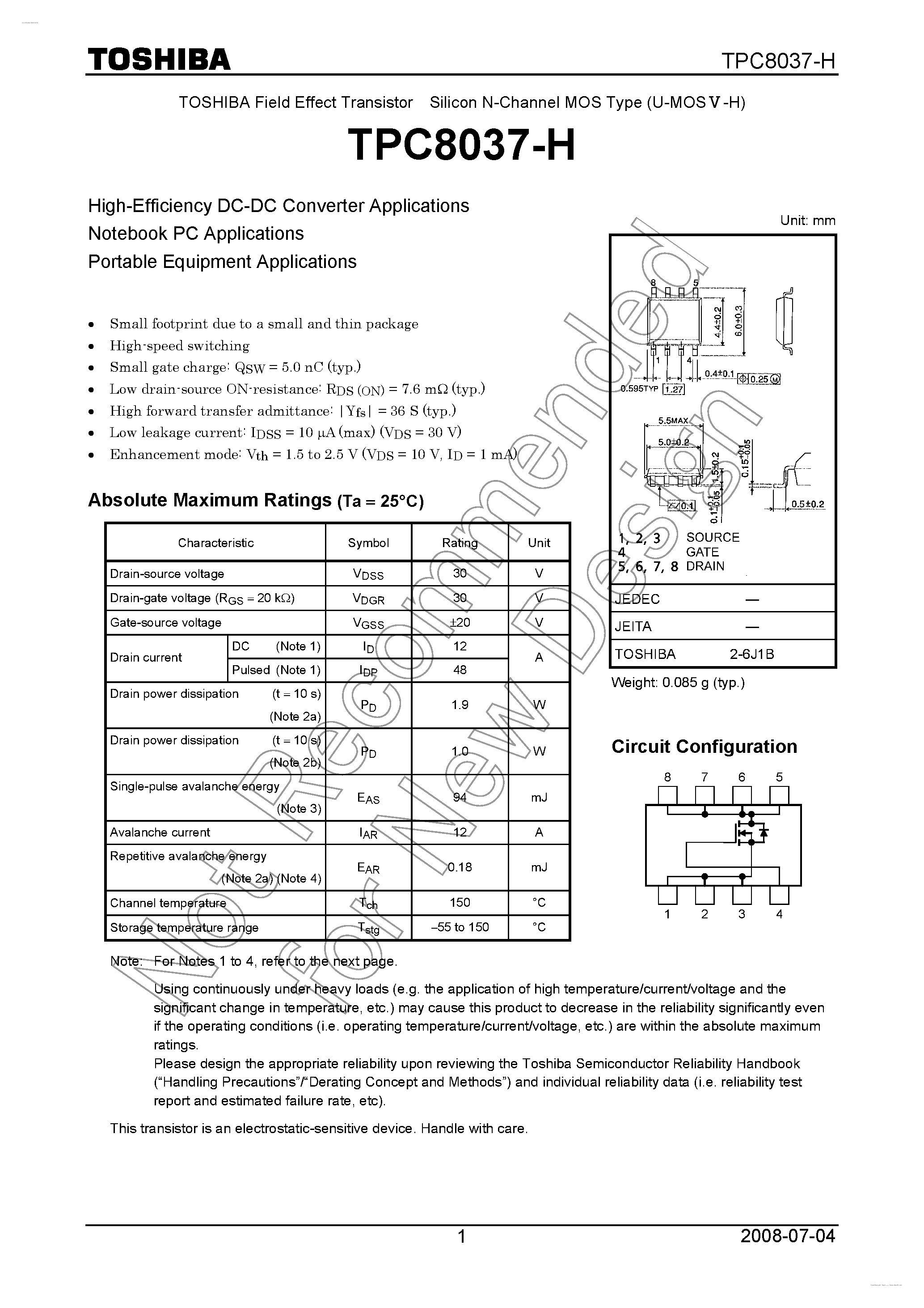 Даташит TPC8037-H - Silicon N-Channel MOS Type страница 1