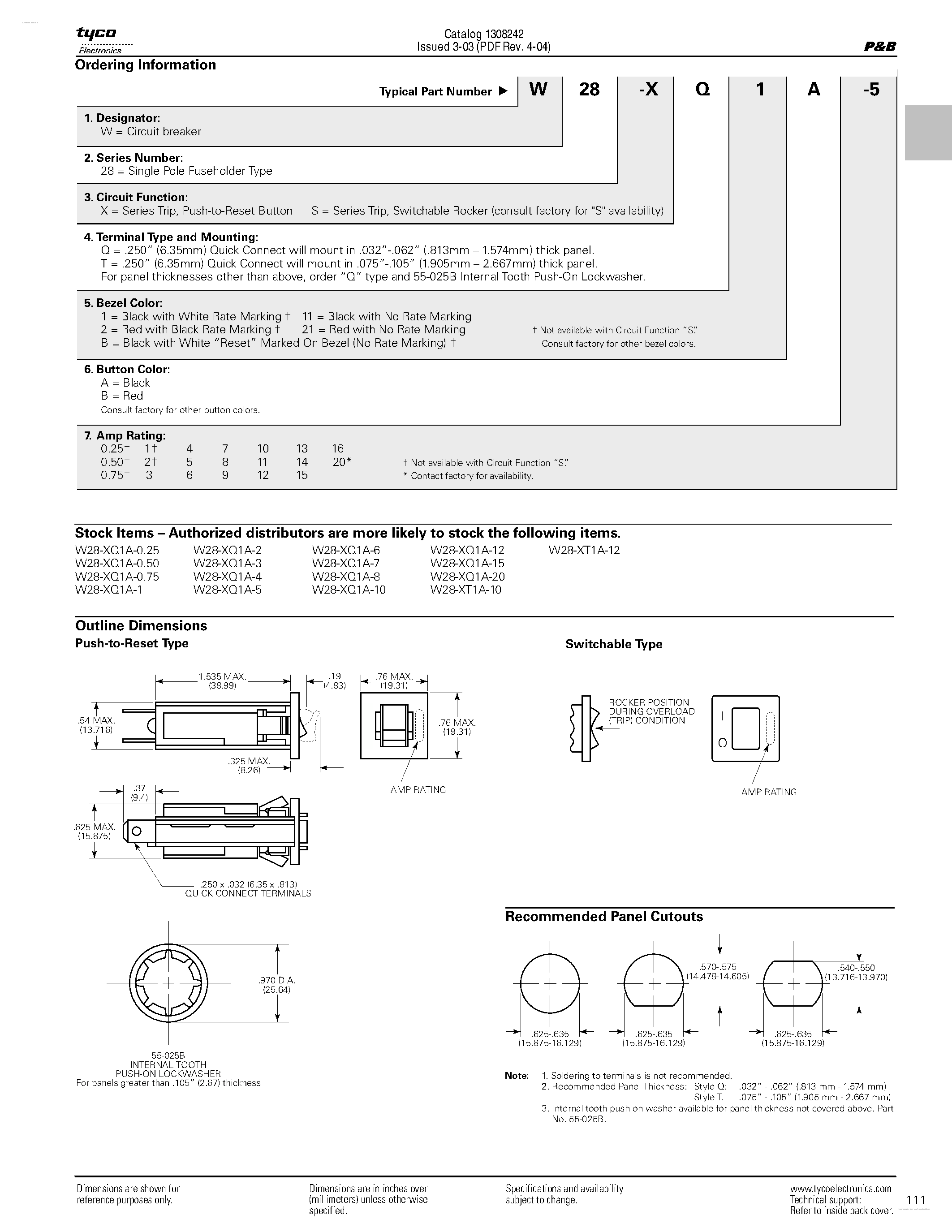 Datasheet W28 - Switchable or Push to Reset Fuseholder-Type Thermal Circuit Breaker page 2