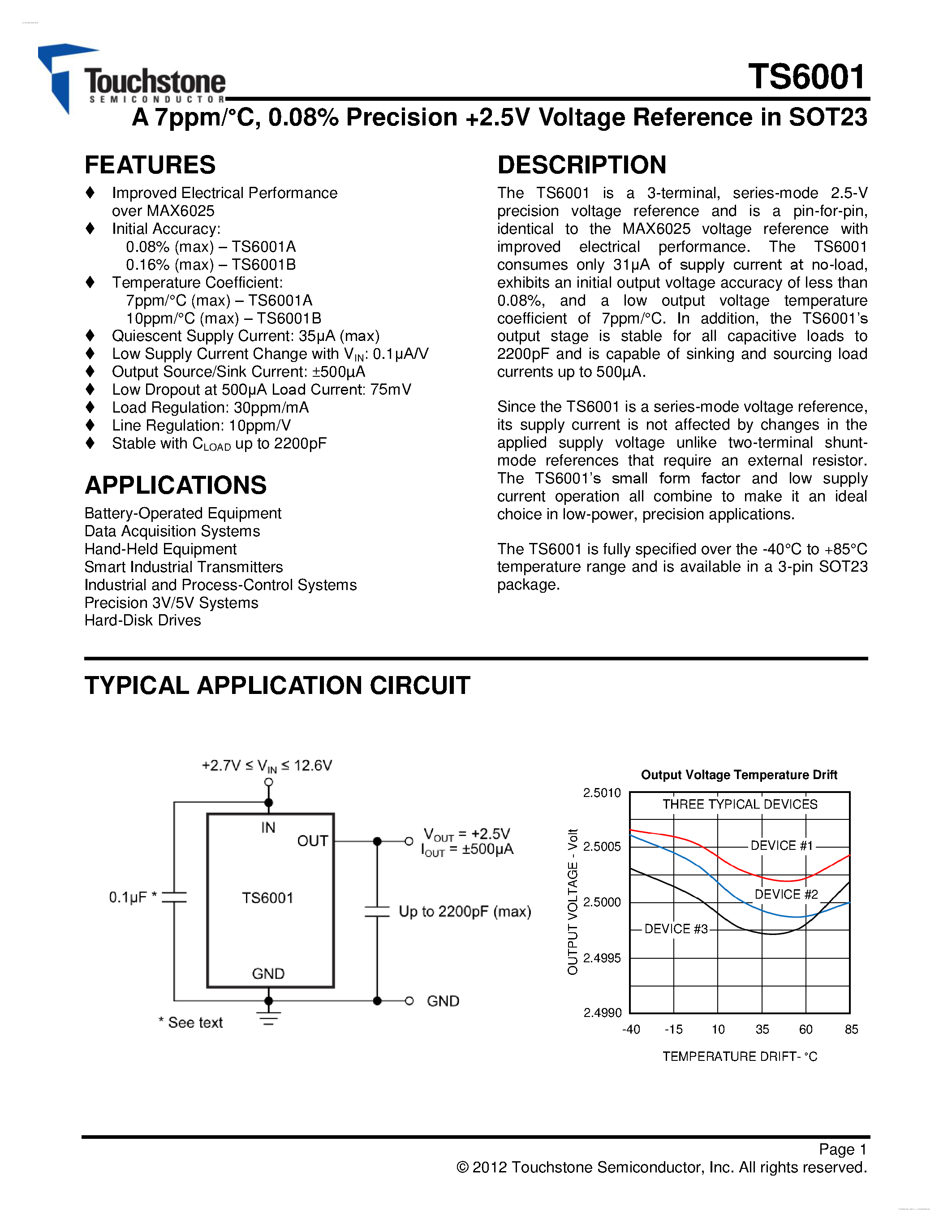 Даташит TS6001 - 2.5V Voltage Reference страница 1