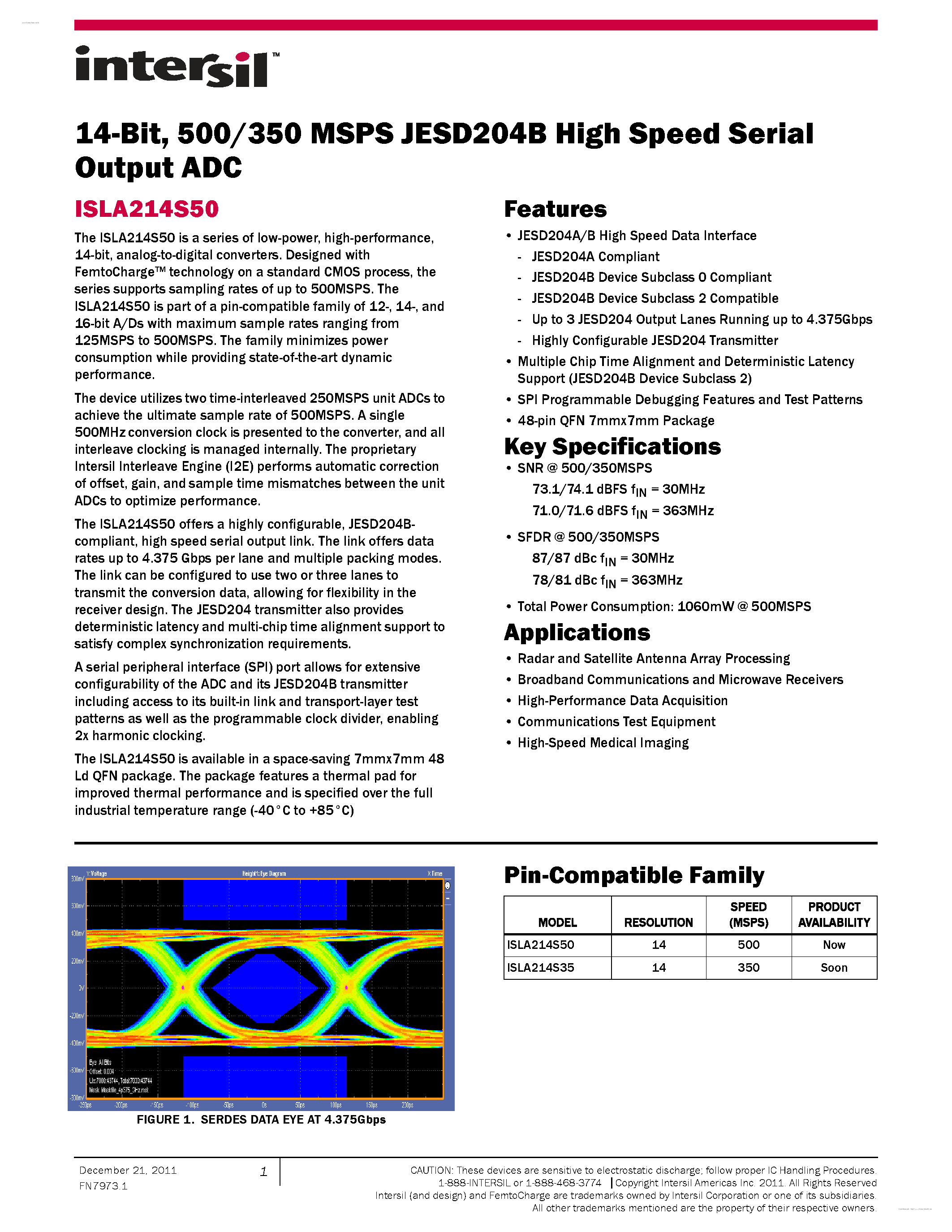 Datasheet ISLA214S50 - 500/350 MSPS JESD204B High Speed Serial Output ADC page 1