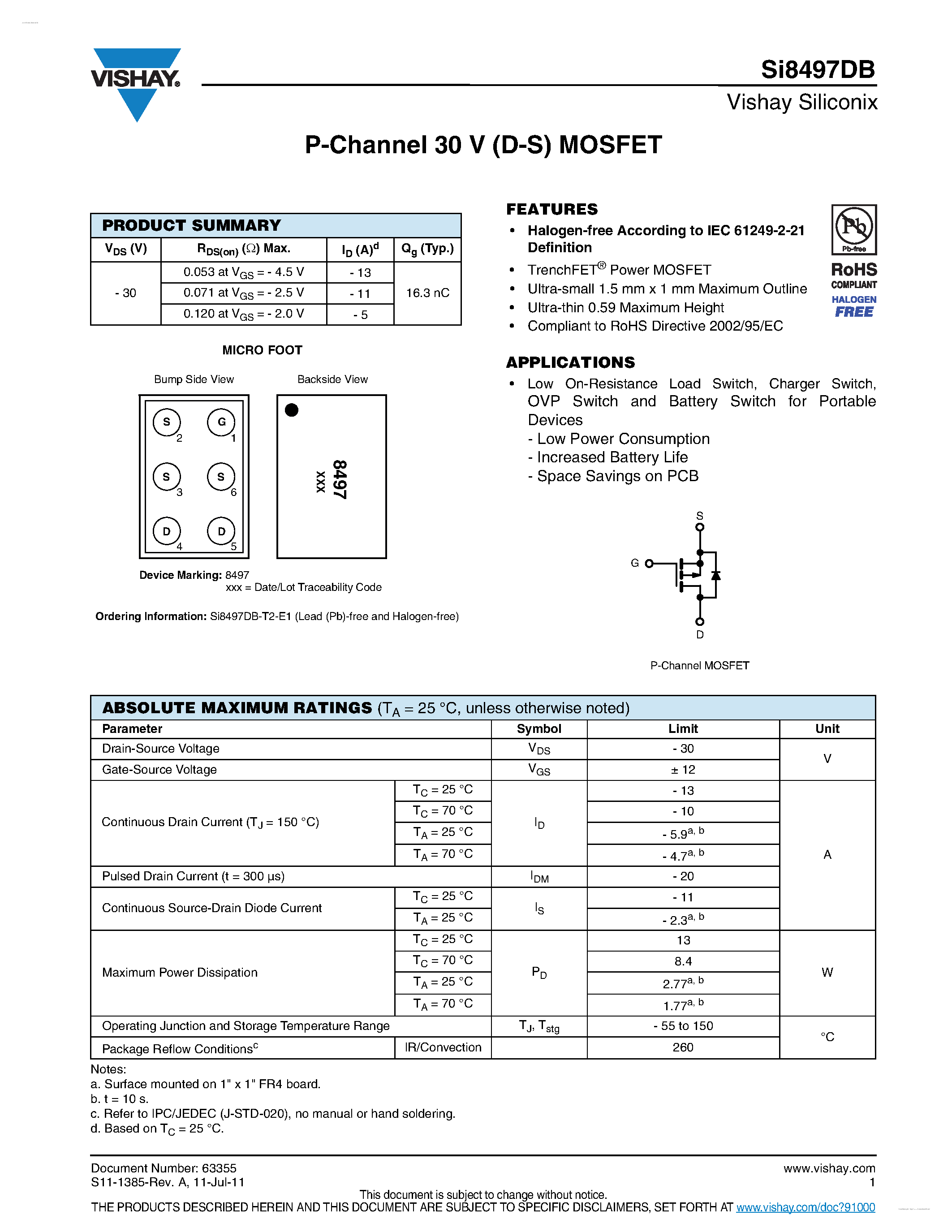 Даташит SI8497DB - P-Channel 30 V (D-S) MOSFET страница 1