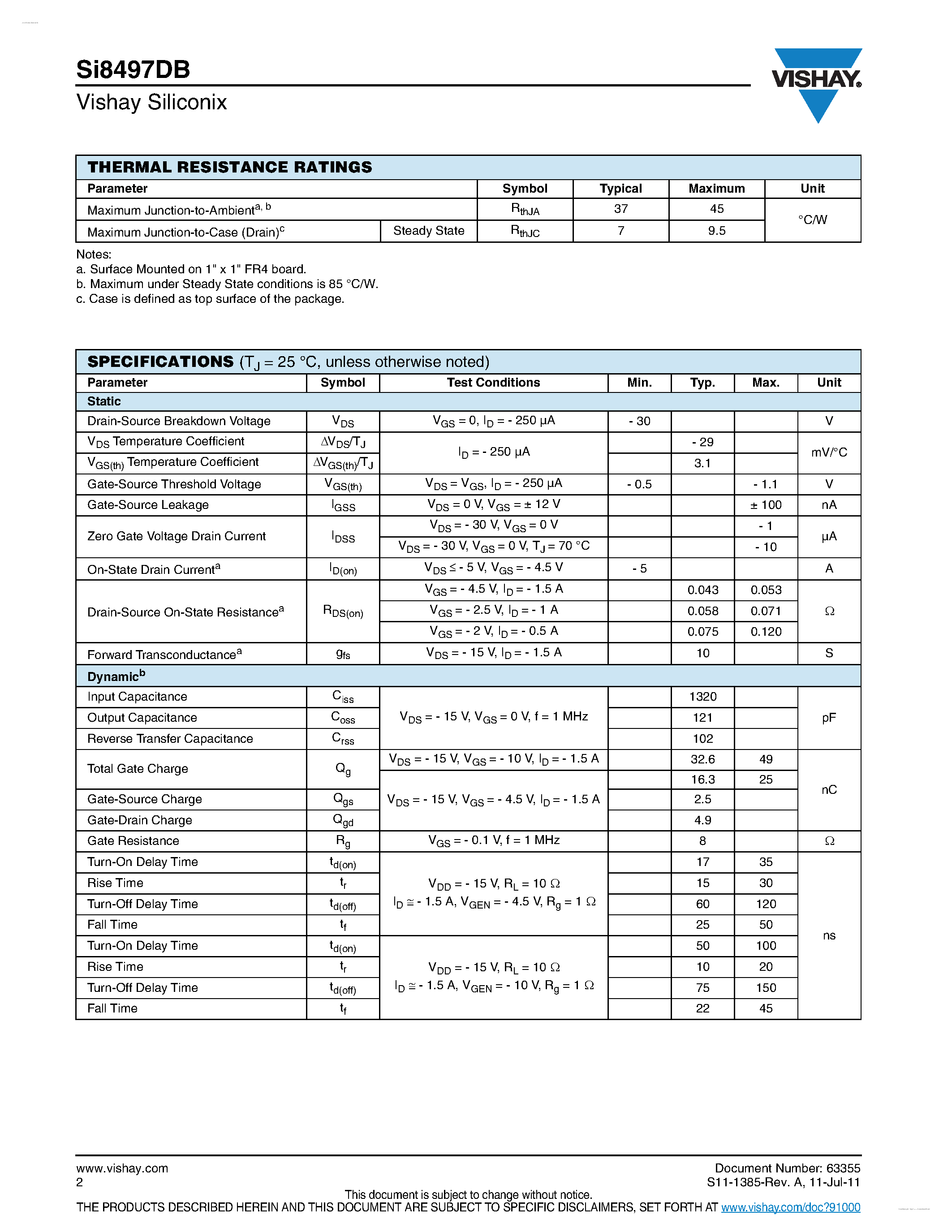 Даташит SI8497DB - P-Channel 30 V (D-S) MOSFET страница 2