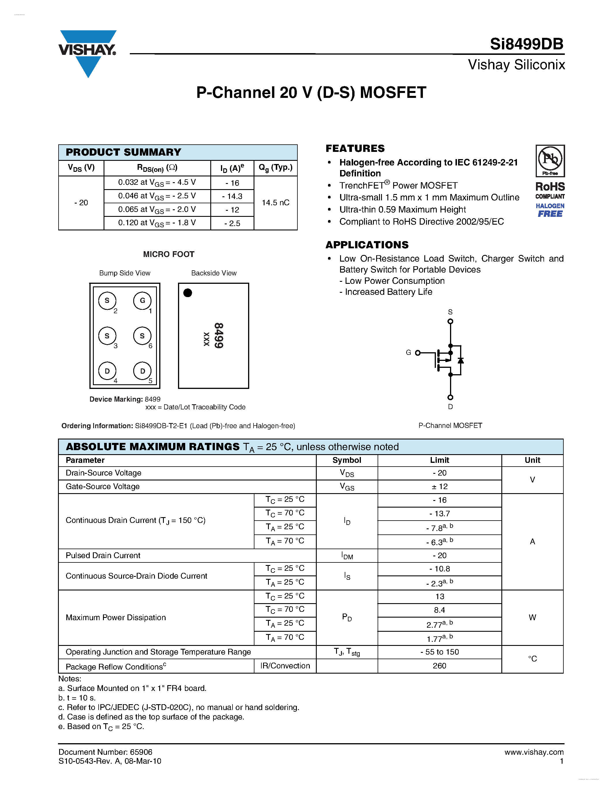 Даташит SI8499DB - P-Channel 20 V (D-S) MOSFET страница 1