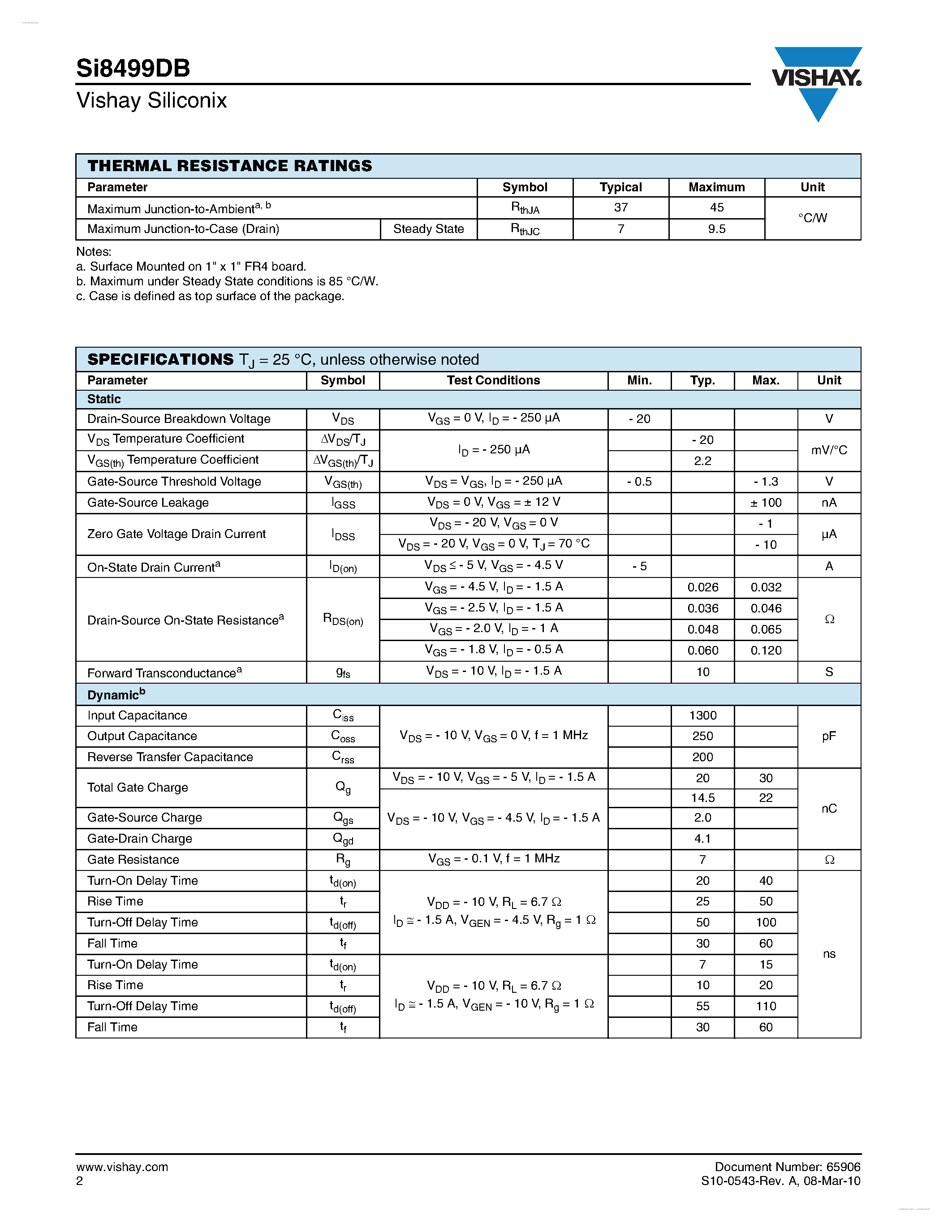 Даташит SI8499DB - P-Channel 20 V (D-S) MOSFET страница 2