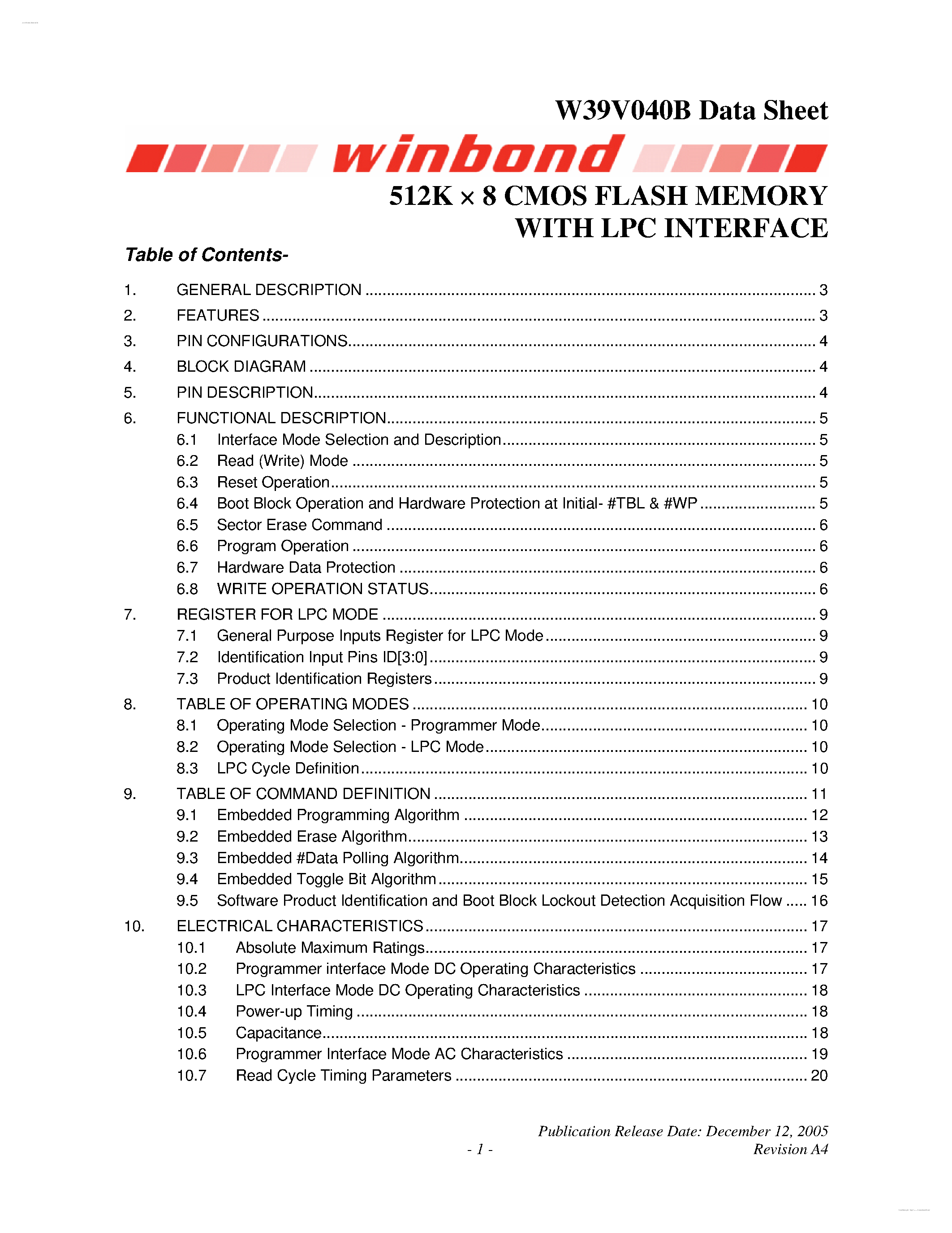 Datasheet W39V040B - 512K X 8 CMOS FLASH MEMORY page 1