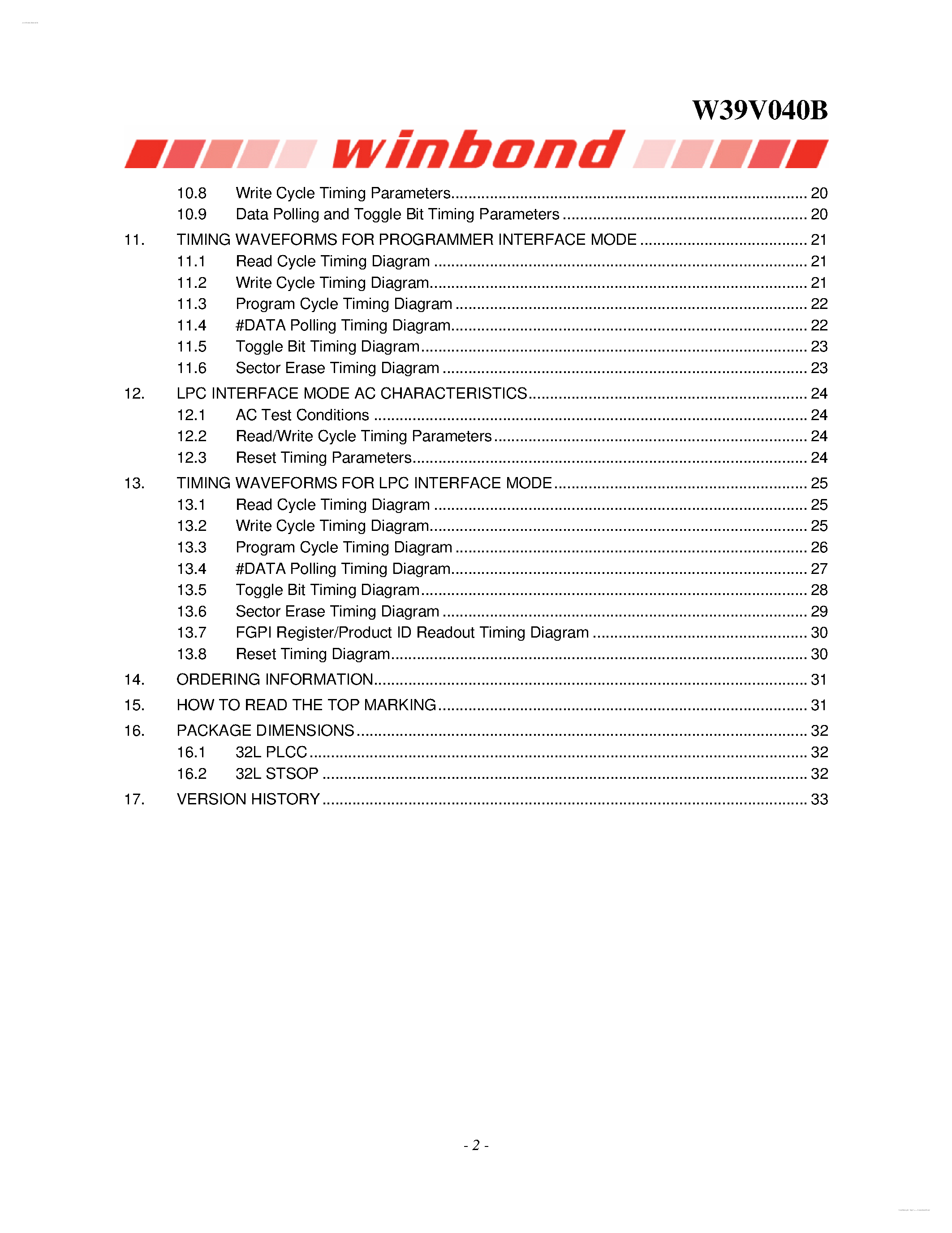 Datasheet W39V040B - 512K X 8 CMOS FLASH MEMORY page 2