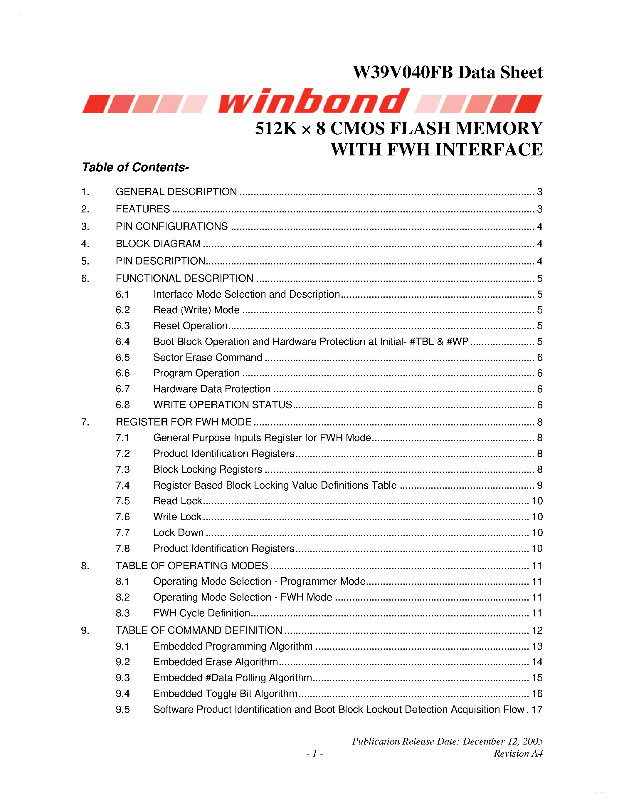 Datasheet W39V040FB - 512K X 8 CMOS FLASH MEMORY page 1