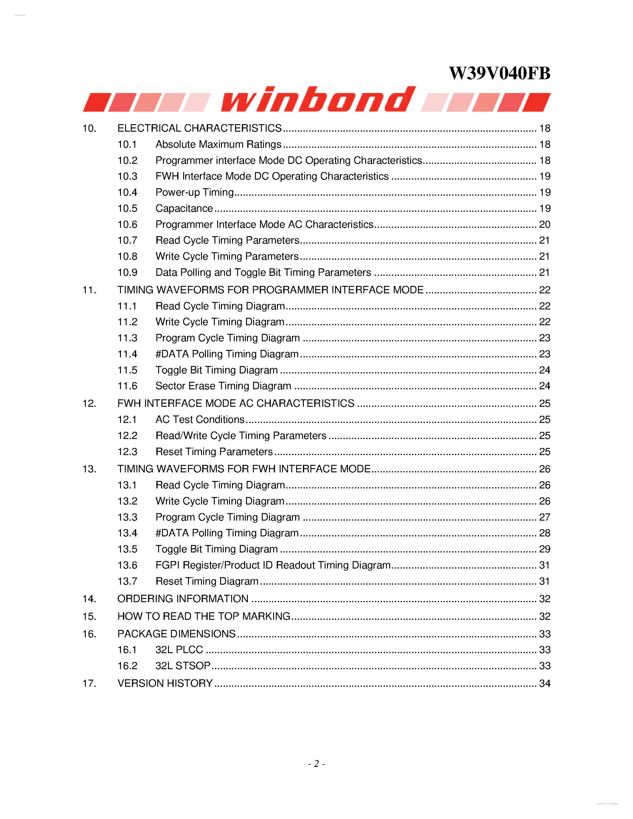 Datasheet W39V040FB - 512K X 8 CMOS FLASH MEMORY page 2