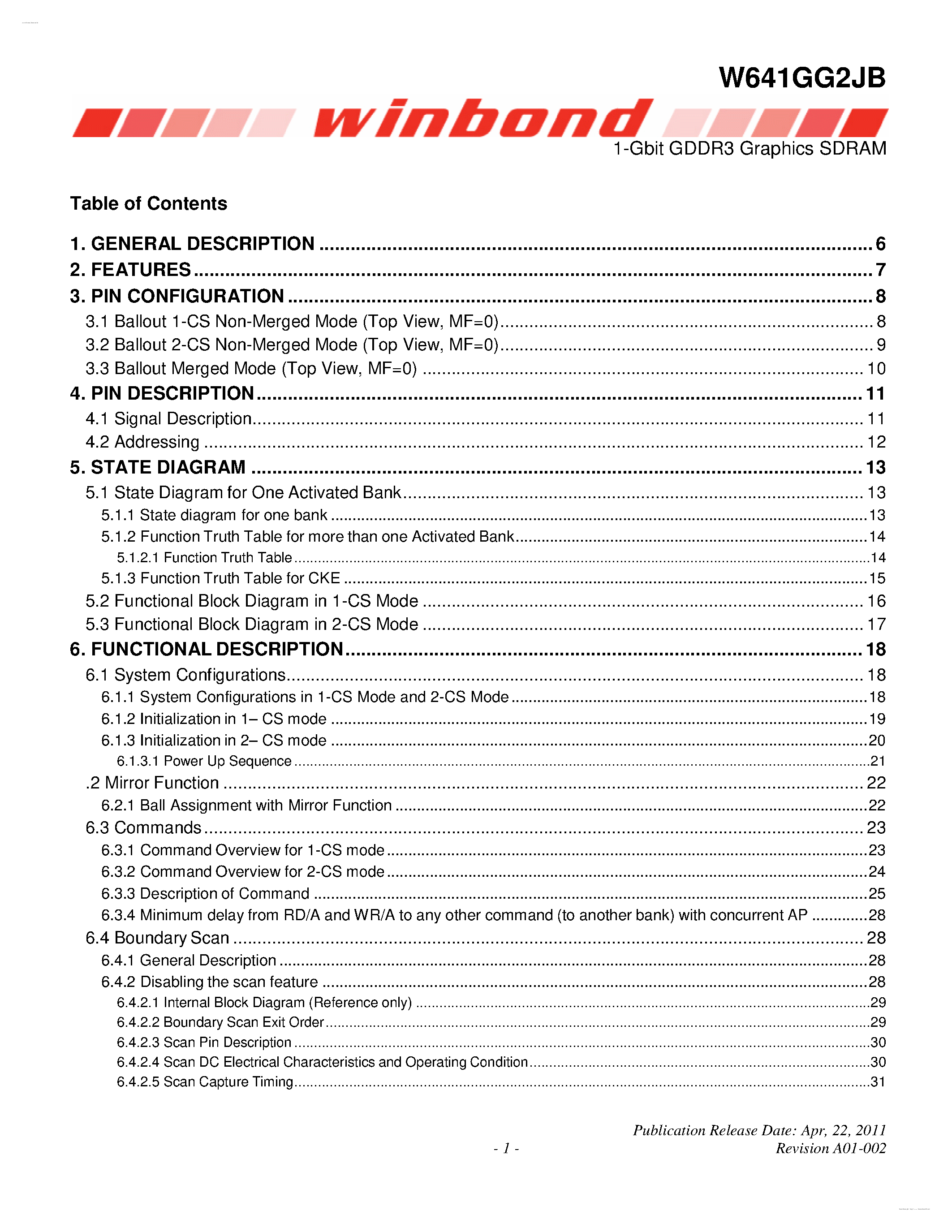 Даташит W641GG2JB - 1-Gbit GDDR3 Graphics SDRAM страница 1