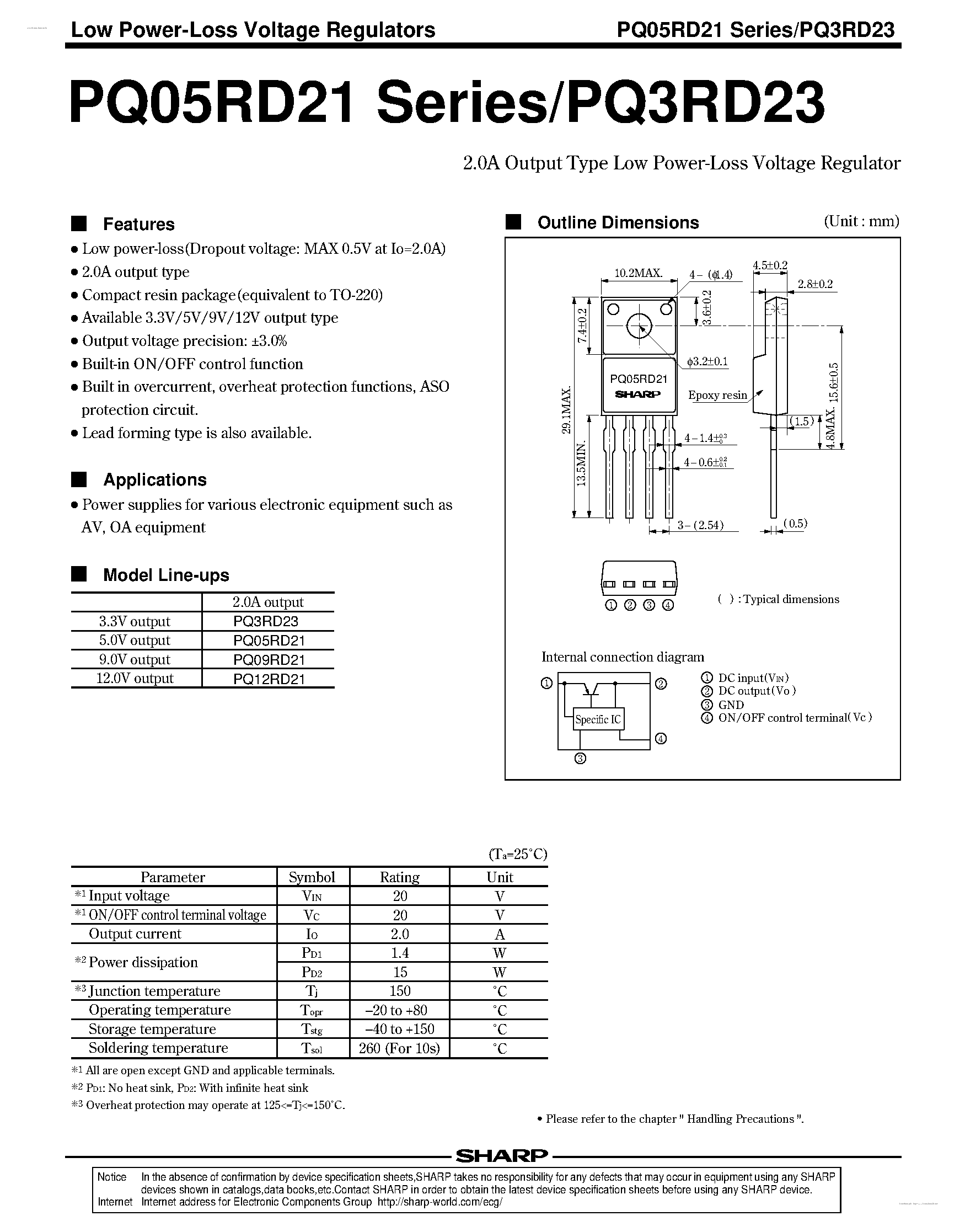 Даташит PQ12RD21 - 2.0A Output Type Low Power-Loss Voltage Regulator страница 1