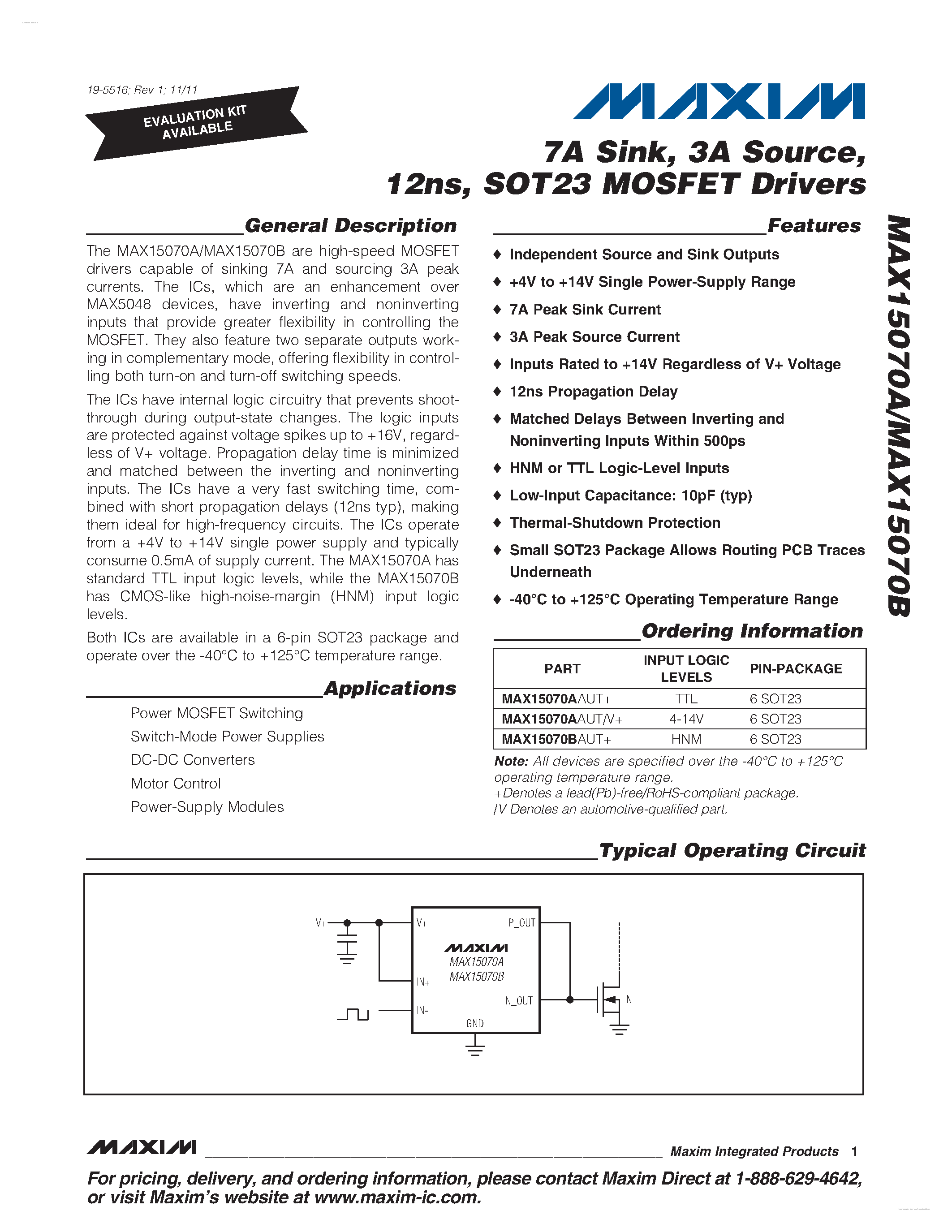 Datasheet MAX15070A - (MAX15070A/B) SOT23 MOSFET Drivers page 1