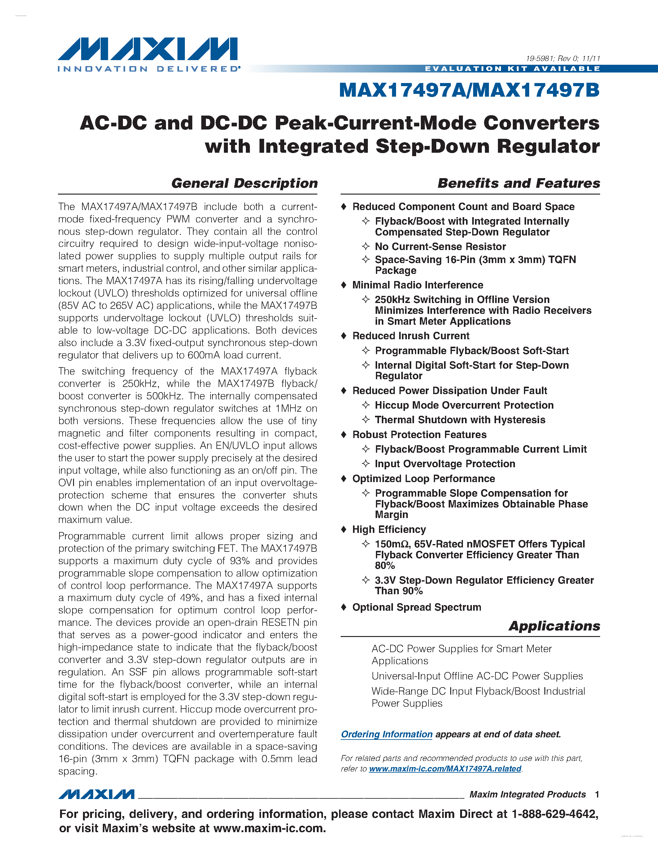 Datasheet MAX17497A - (MAX17497A/B) AC-DC and DC-DC Peak-Current-Mode Converters page 1