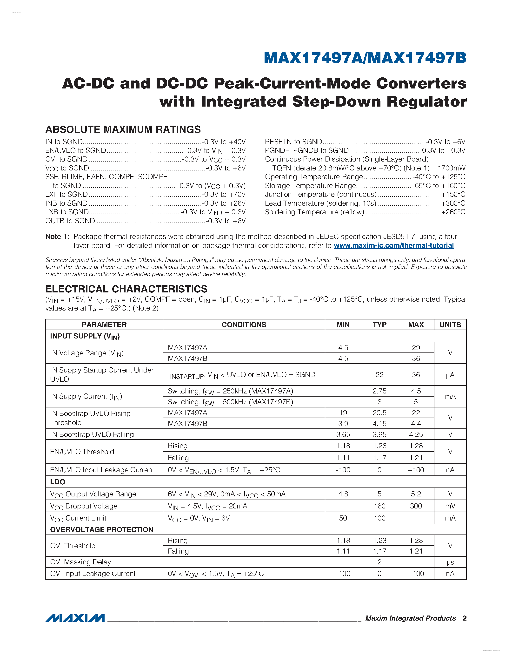 Datasheet MAX17497A - (MAX17497A/B) AC-DC and DC-DC Peak-Current-Mode Converters page 2