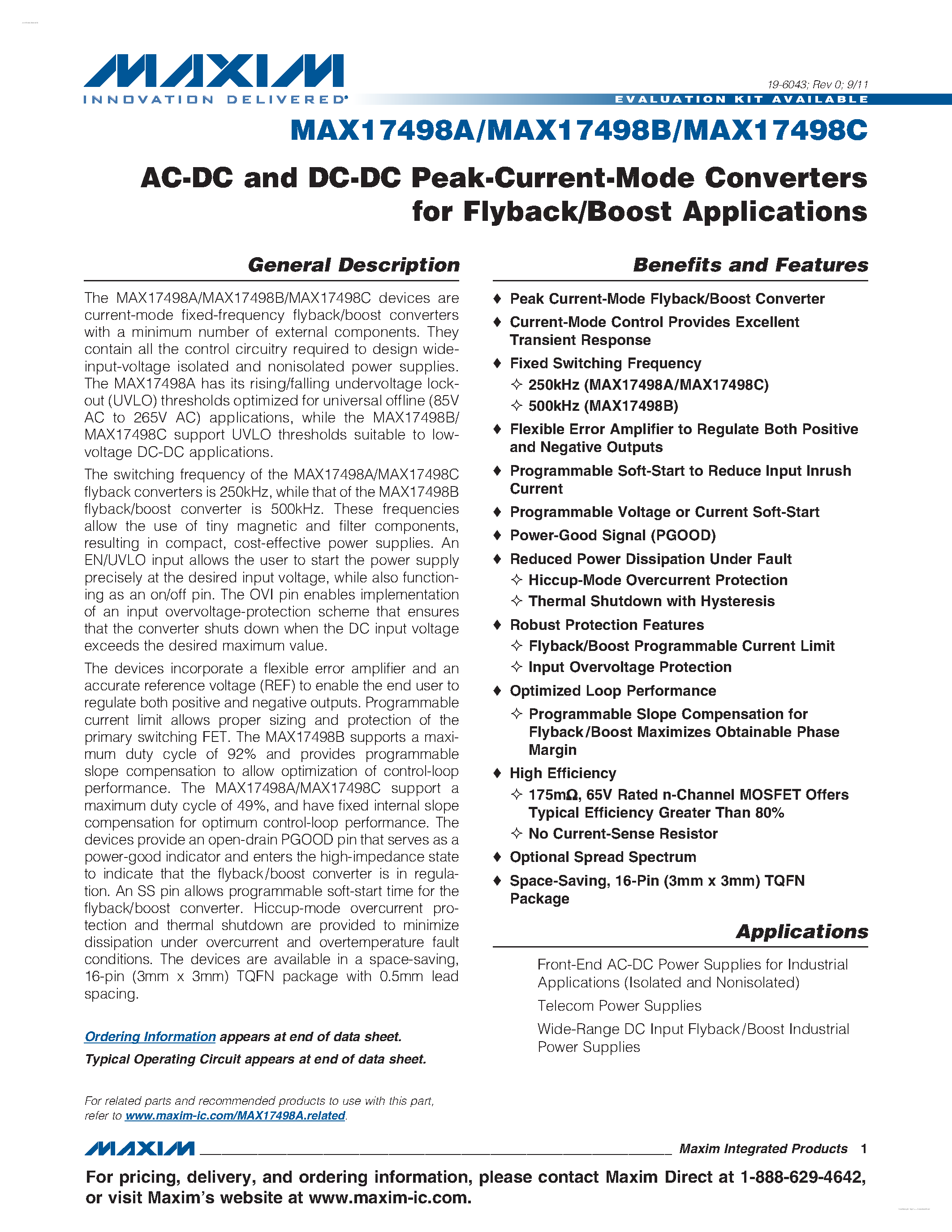 Datasheet MAX17498A - (MAX17498A/B/C) AC-DC and DC-DC Peak-Current-Mode Converters page 1