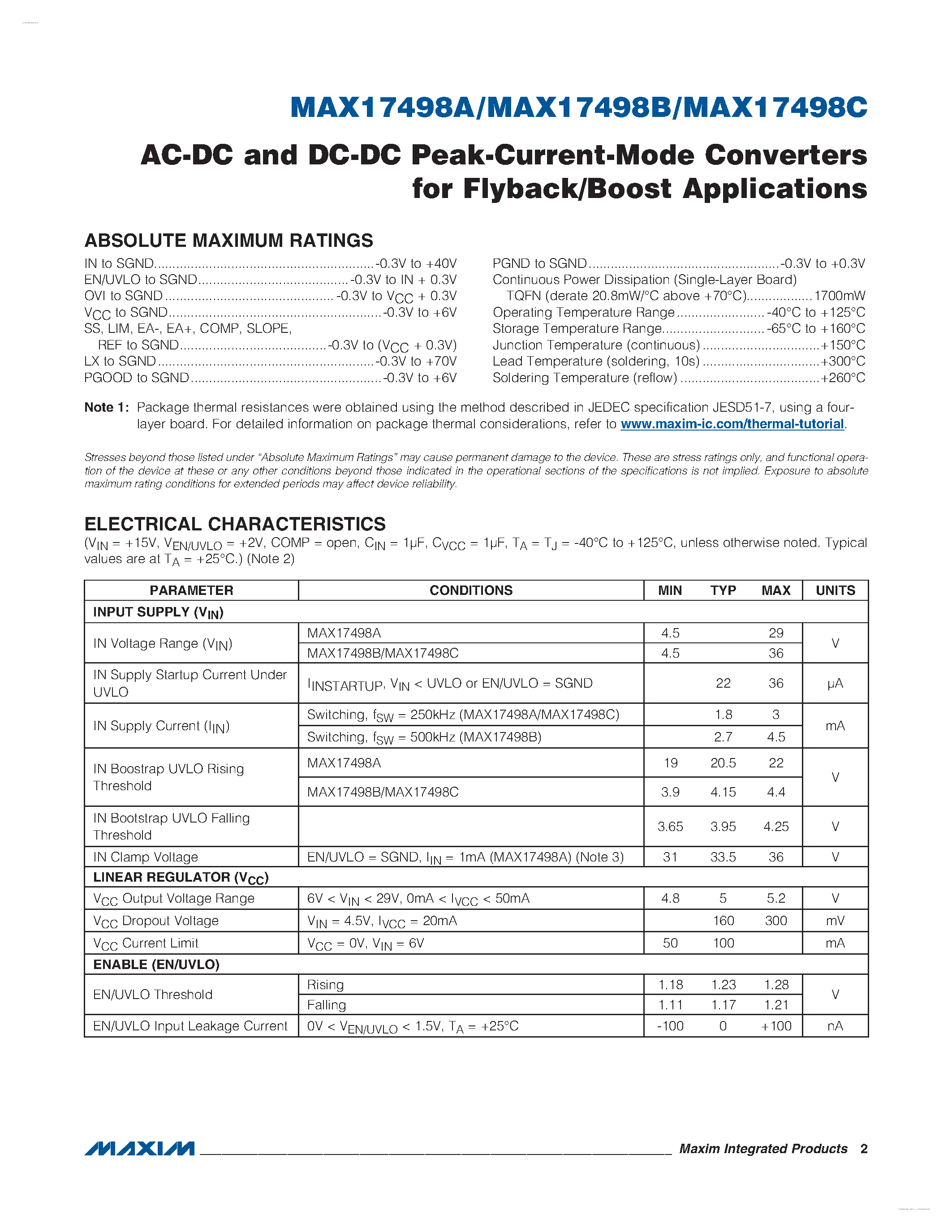 Datasheet MAX17498A - (MAX17498A/B/C) AC-DC and DC-DC Peak-Current-Mode Converters page 2