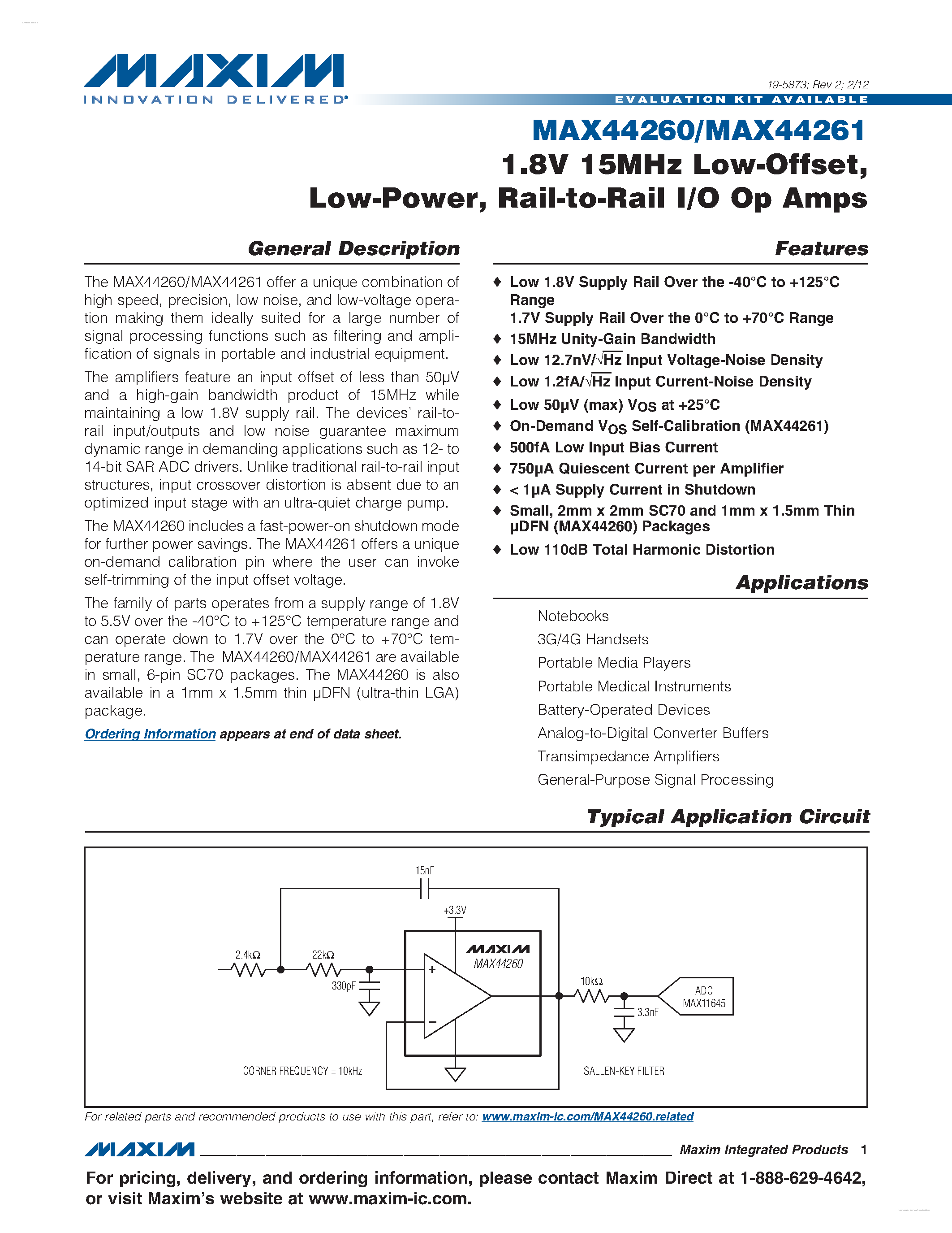 Datasheet MAX44260 - (MAX44260 / MAX44261) Rail-to-Rail I/O Op Amps page 1