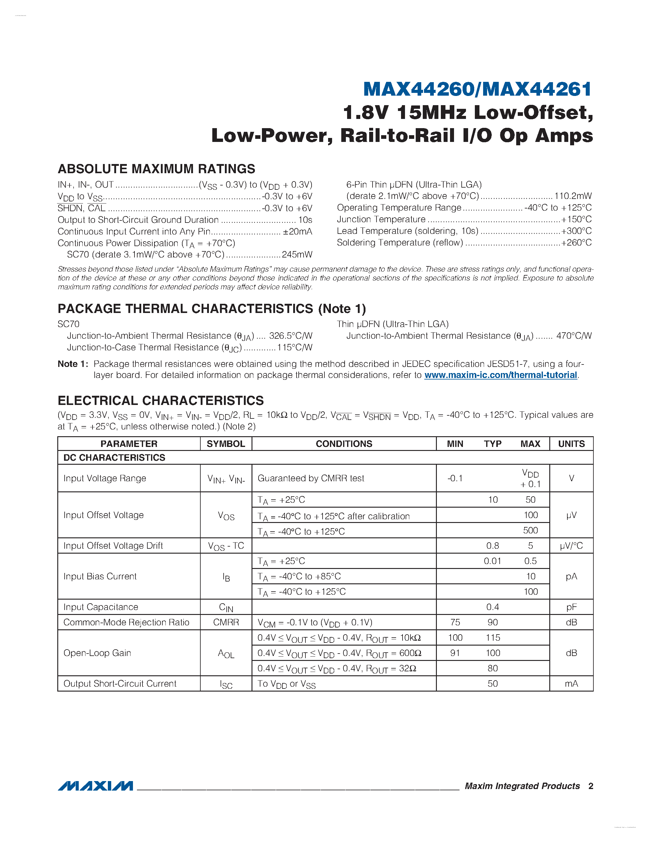 Datasheet MAX44260 - (MAX44260 / MAX44261) Rail-to-Rail I/O Op Amps page 2