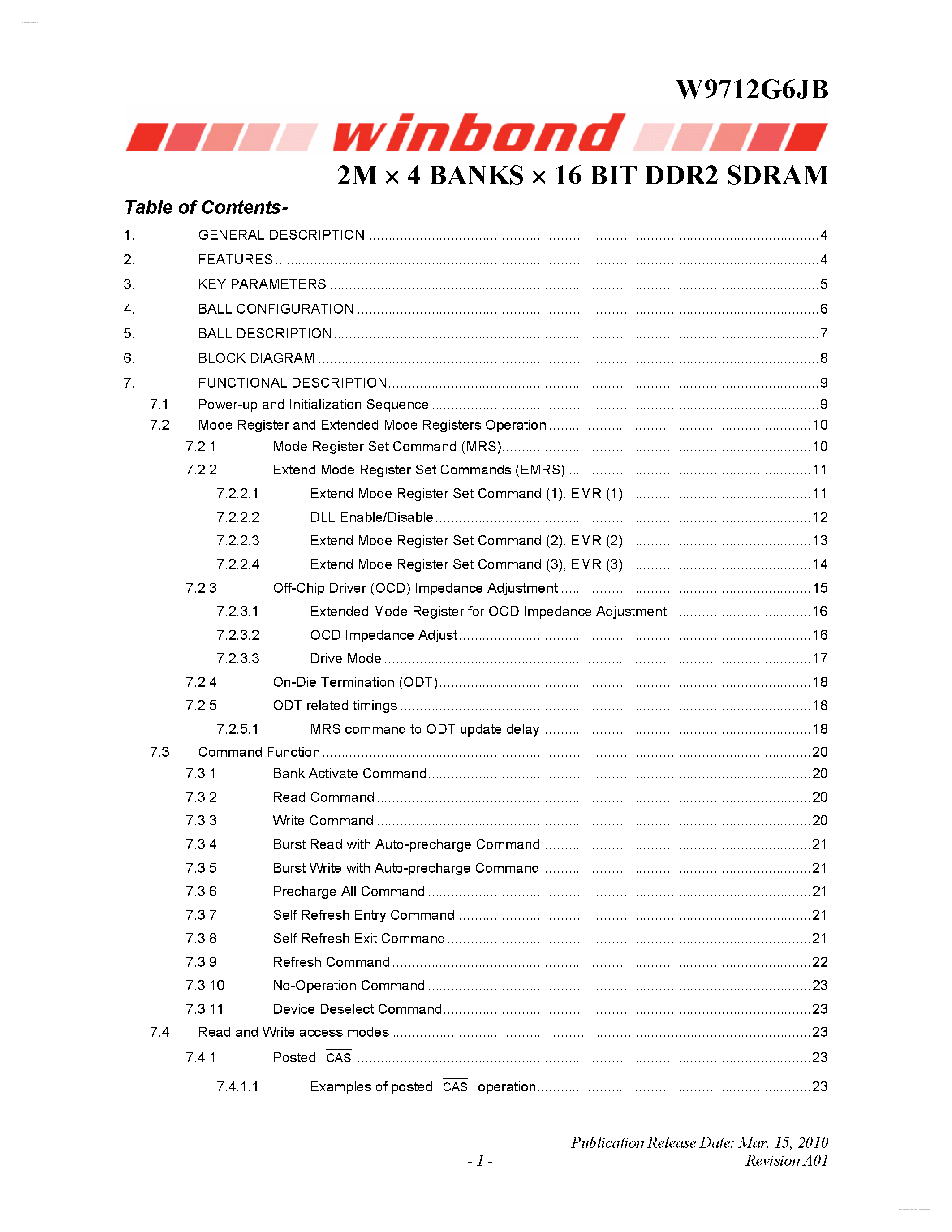 Datasheet W9712G6JB - 2M X 4 BANKS X 16 BIT DDR2 SDRAM page 1