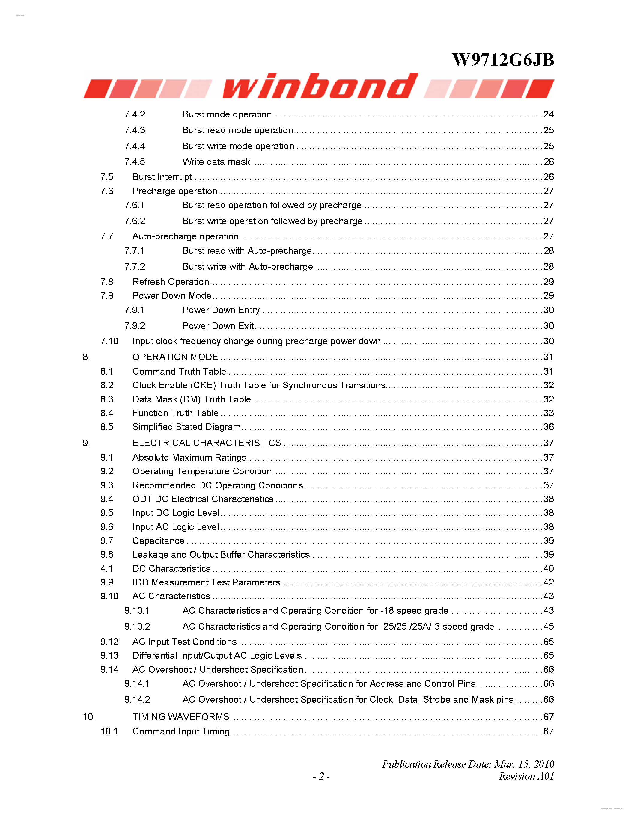 Datasheet W9712G6JB - 2M X 4 BANKS X 16 BIT DDR2 SDRAM page 2