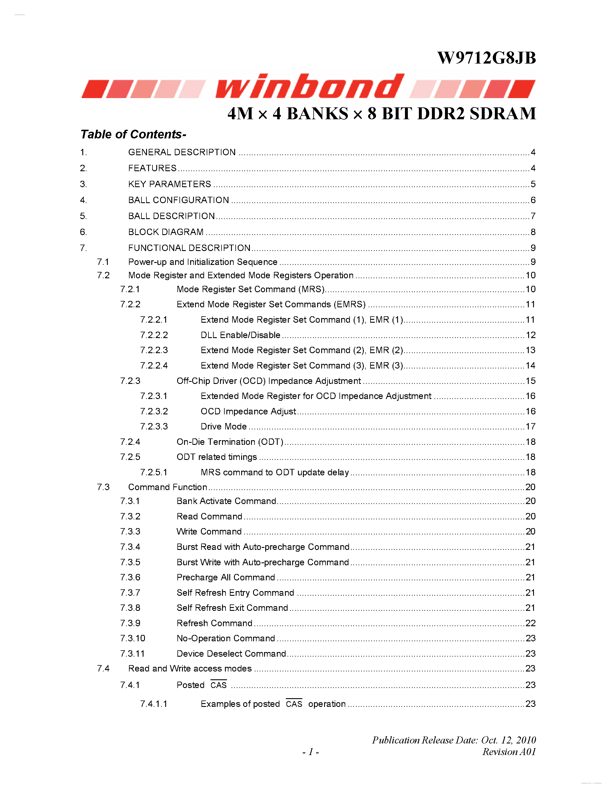 Datasheet W9712G8JB - 4M X 4 BANKS X 8 BIT DDR2 SDRAM page 1