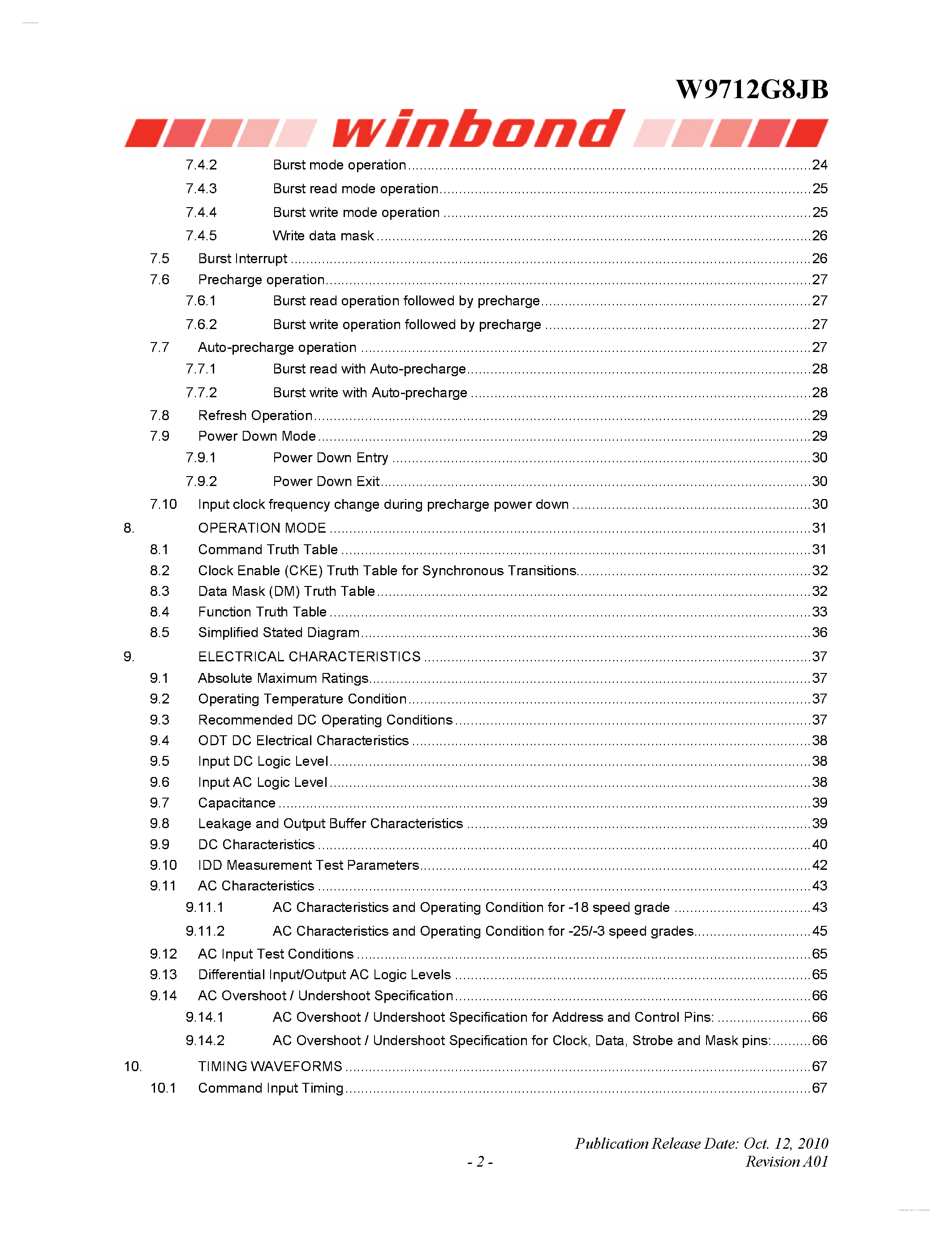 Datasheet W9712G8JB - 4M X 4 BANKS X 8 BIT DDR2 SDRAM page 2