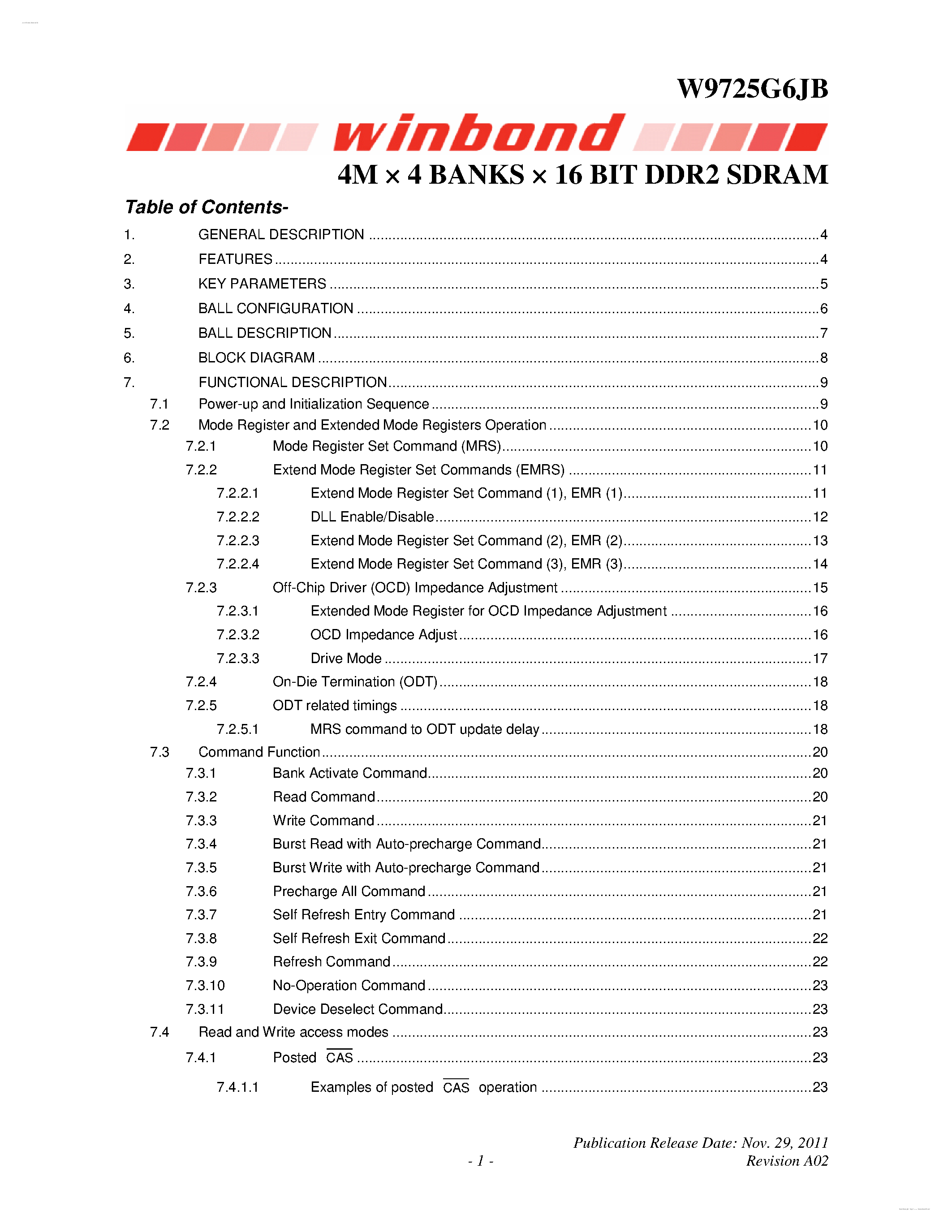 Datasheet W9725G6JB - 4M X 4 BANKS X 16 BIT DDR2 SDRAM page 1