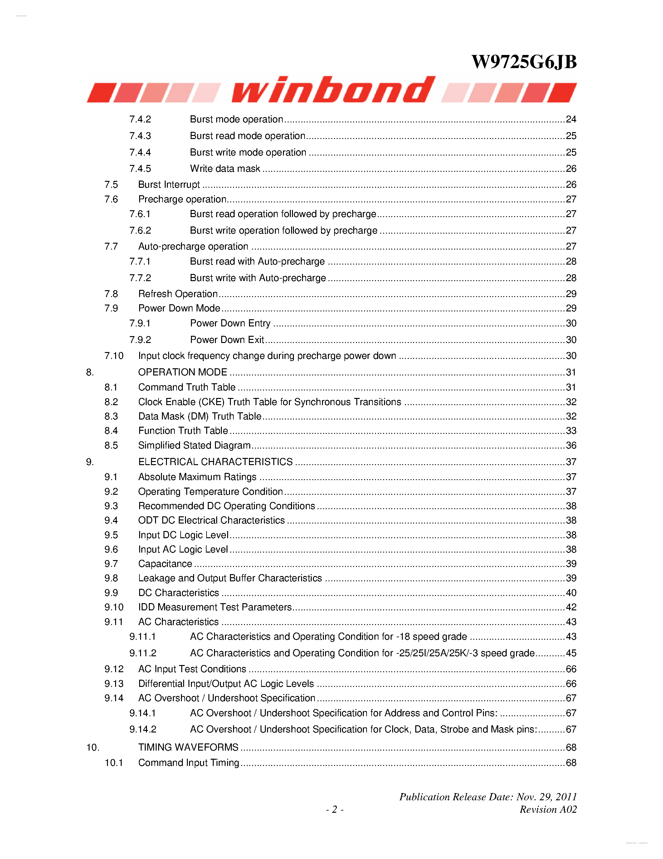 Datasheet W9725G6JB - 4M X 4 BANKS X 16 BIT DDR2 SDRAM page 2