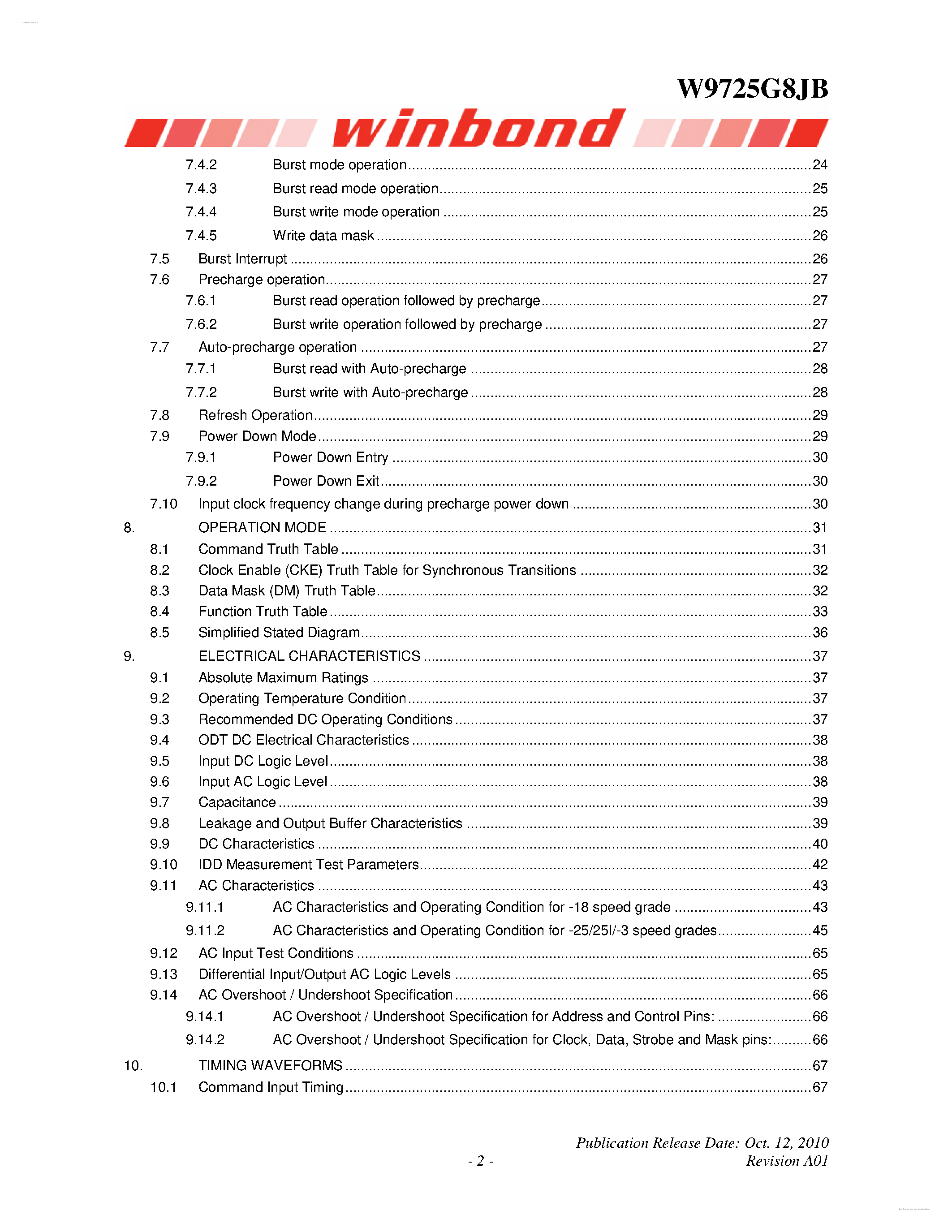 Datasheet W9725G8JB - 8M X 4 BANKS X 8 BIT DDR2 SDRAM page 2