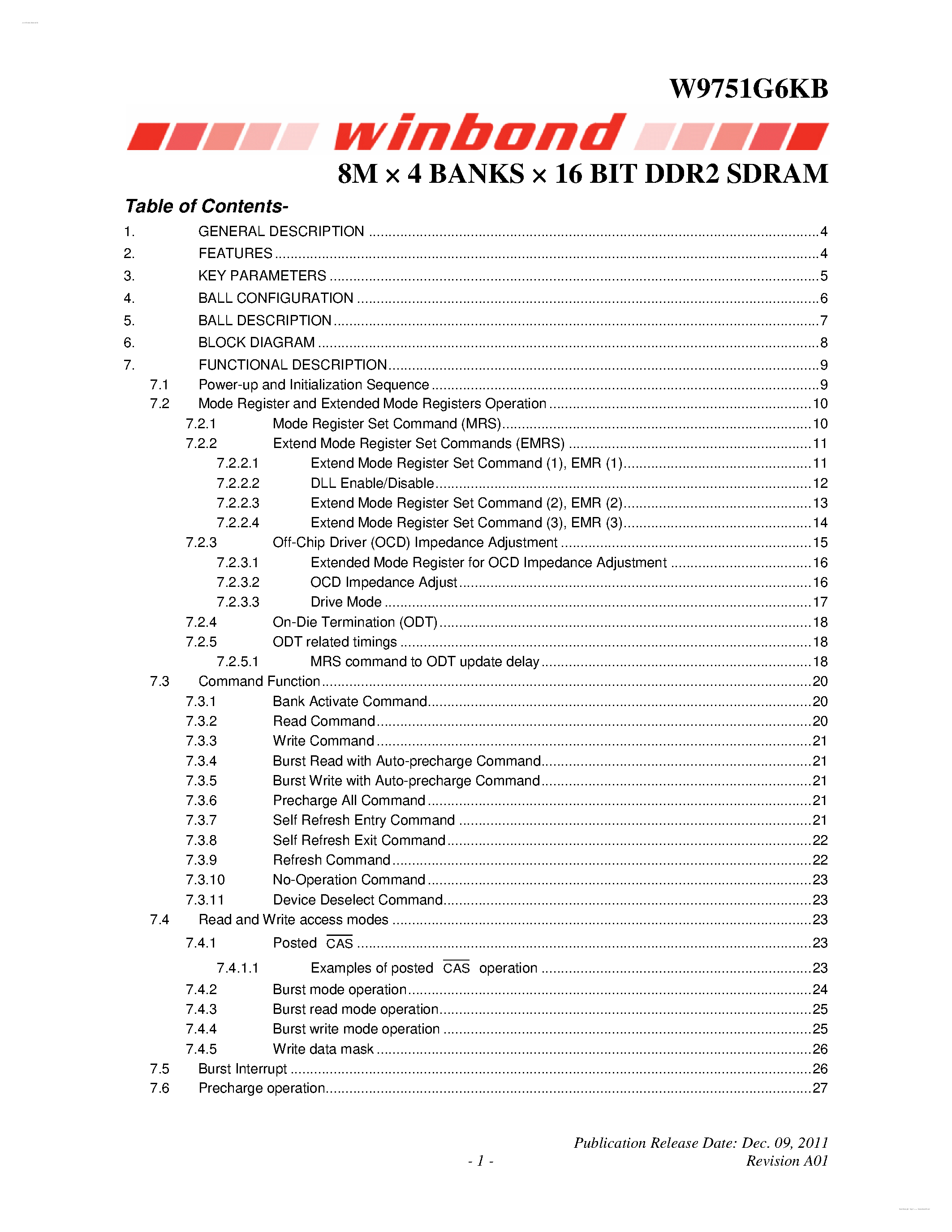 Datasheet W9751G6KB - 8M X 4 BANKS X 16 BIT DDR2 SDRAM page 1