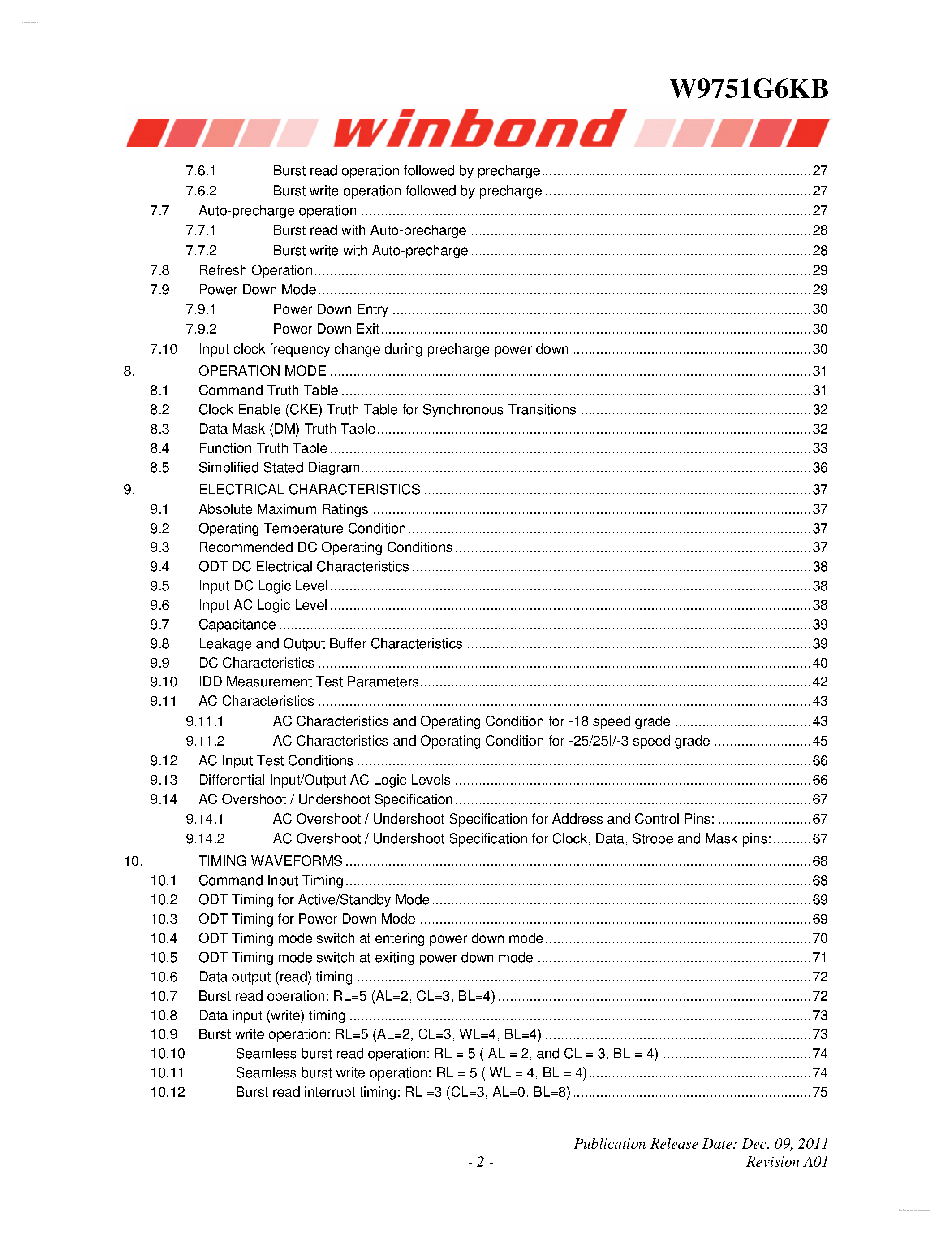 Datasheet W9751G6KB - 8M X 4 BANKS X 16 BIT DDR2 SDRAM page 2