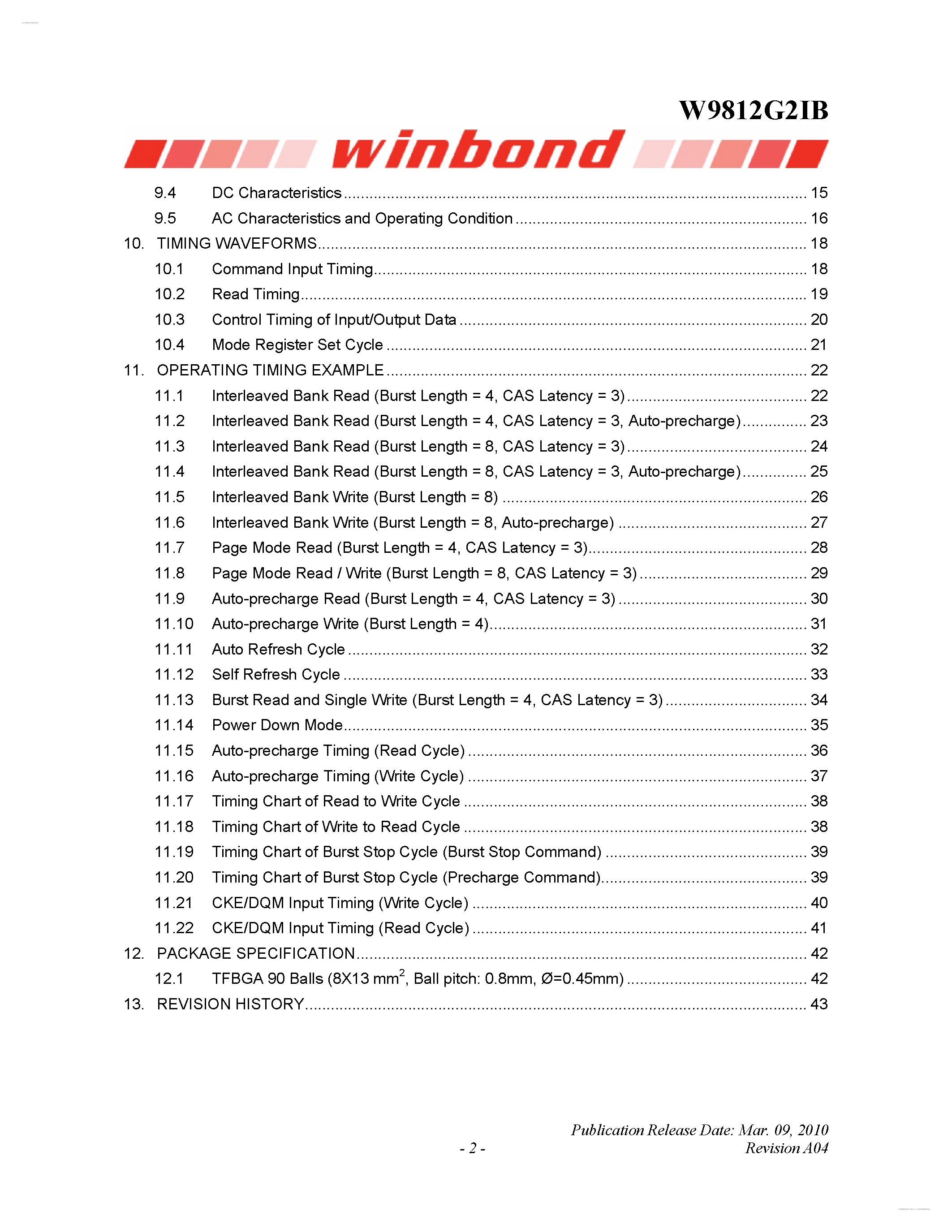 Datasheet W9812G2IB - 1M x 4 BANKS x 32BITS SDRAM page 2