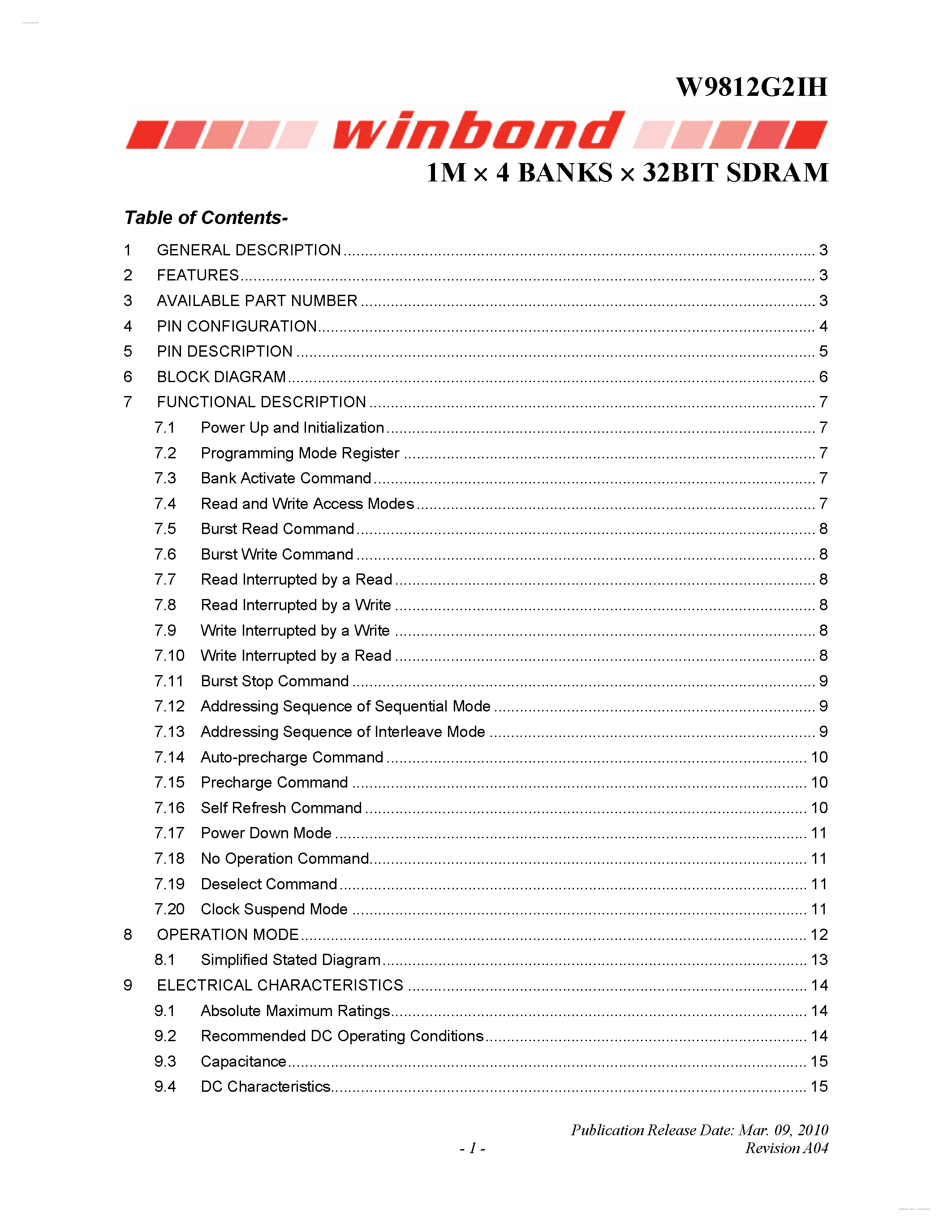 Datasheet W9812G2IH - 1M x 4 BANKS x 32BITS SDRAM page 1