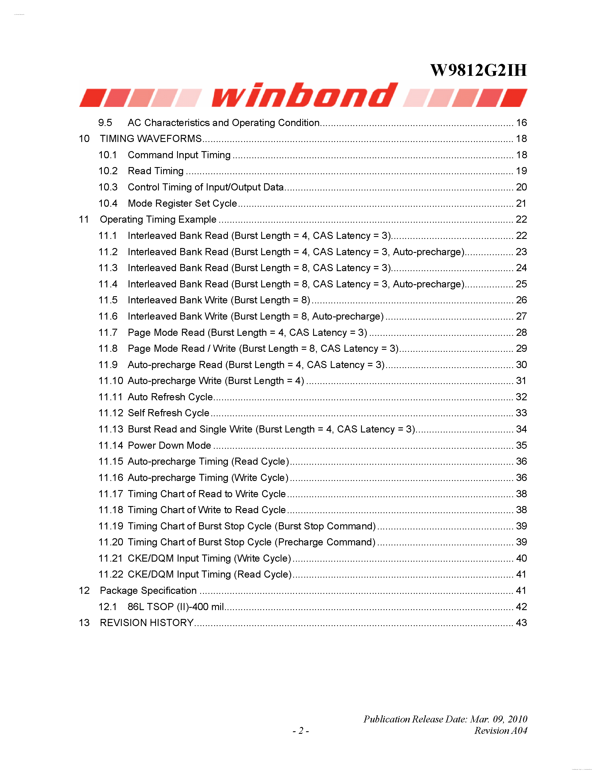 Datasheet W9812G2IH - 1M x 4 BANKS x 32BITS SDRAM page 2