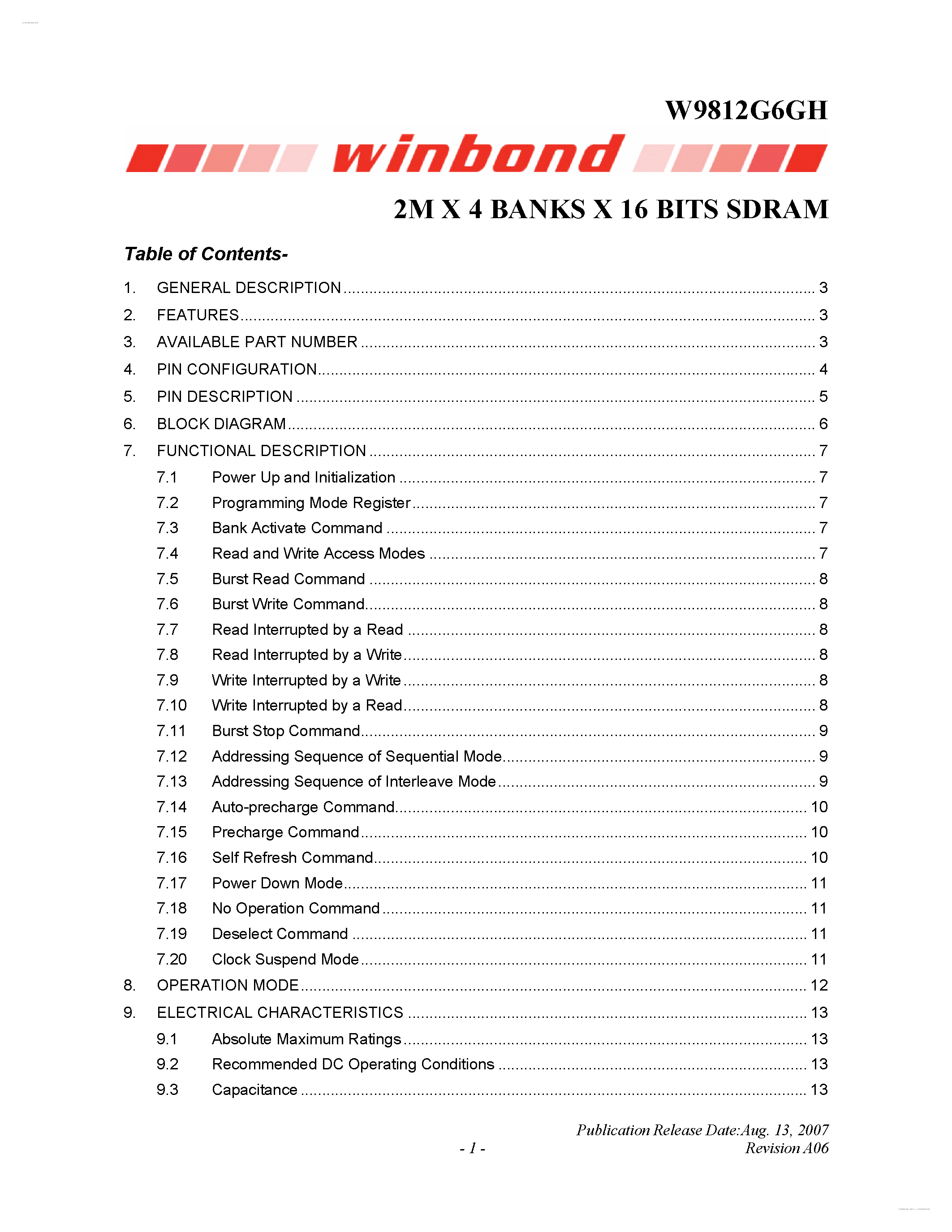 Datasheet W9812G6GH - 2M X 4 BANKS X 16 BITS SDRAM page 1